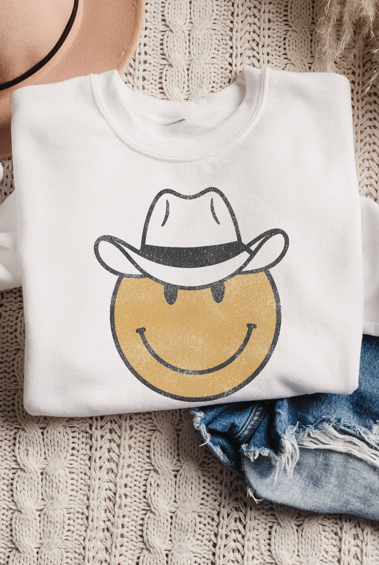 Cowboy Smiley Face Graphic Sweatshirt T-Shirts, Hoodie | PodTeesHub.com