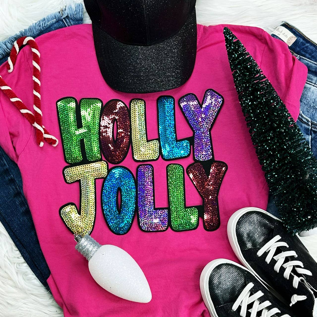 Sequin Holly Jolly Chenille Patch Everyday Tee Hoodie, Sweatshirt | PodTeesHub.com