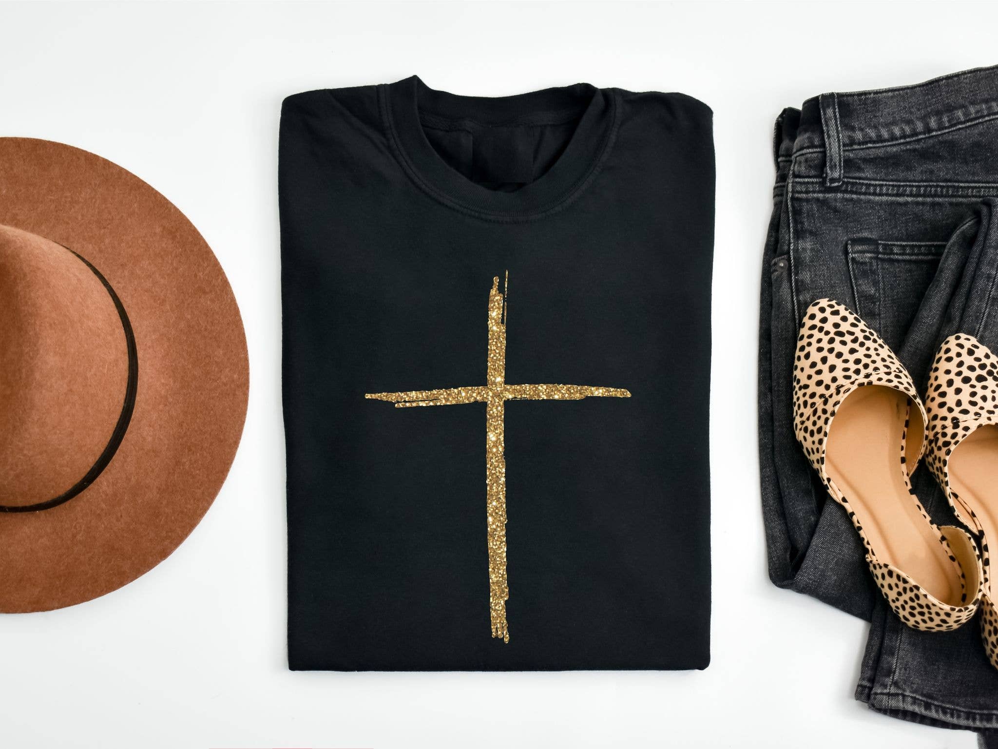 Christian Gold Cross Black Bella Canvas Spring Graphic Tee Hoodie, Sweatshirt | PodTeesHub.com