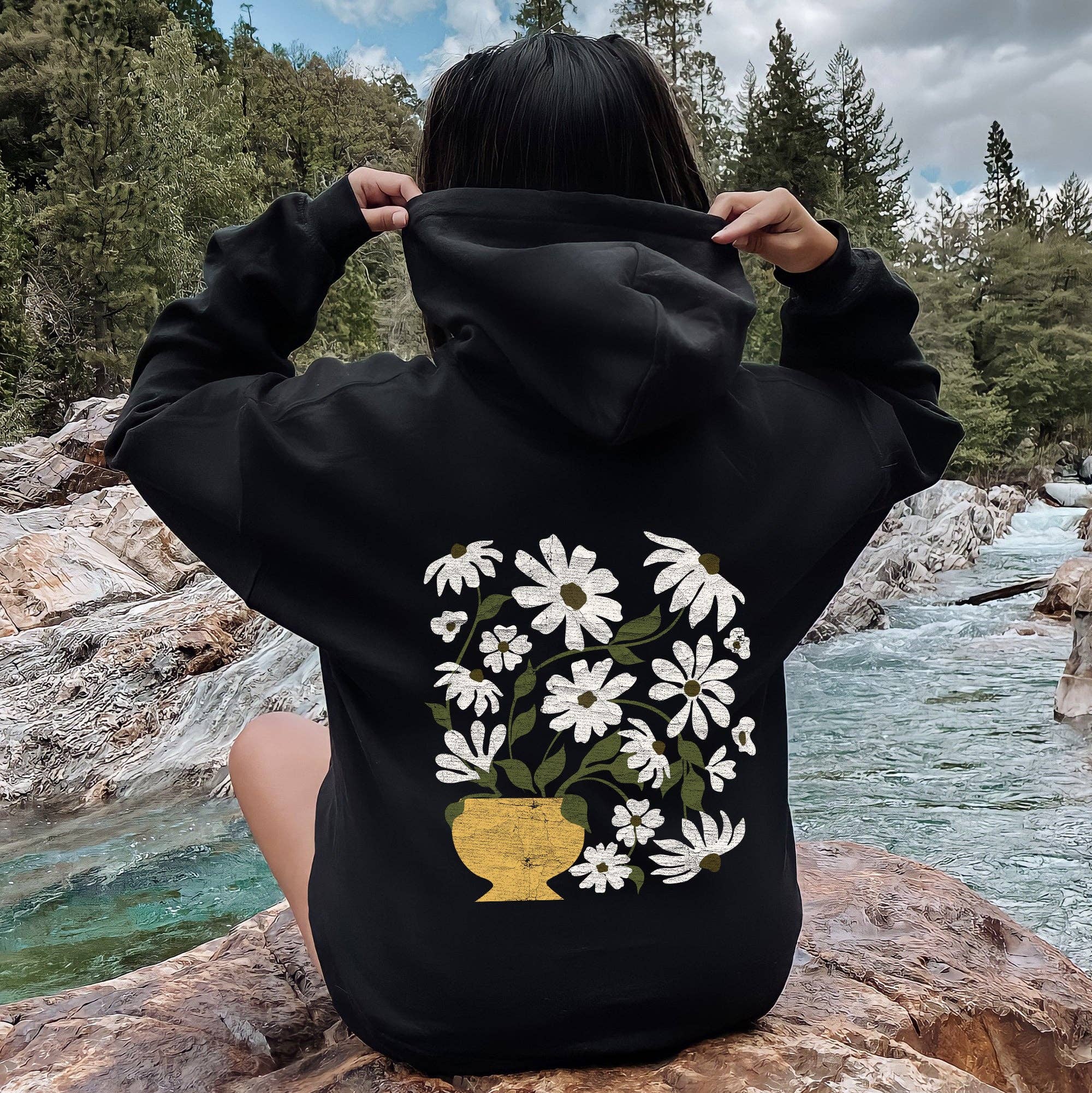 Daisies, Retro Floral Design Hoodie T-Shirts, Sweatshirt | PodTeesHub.com