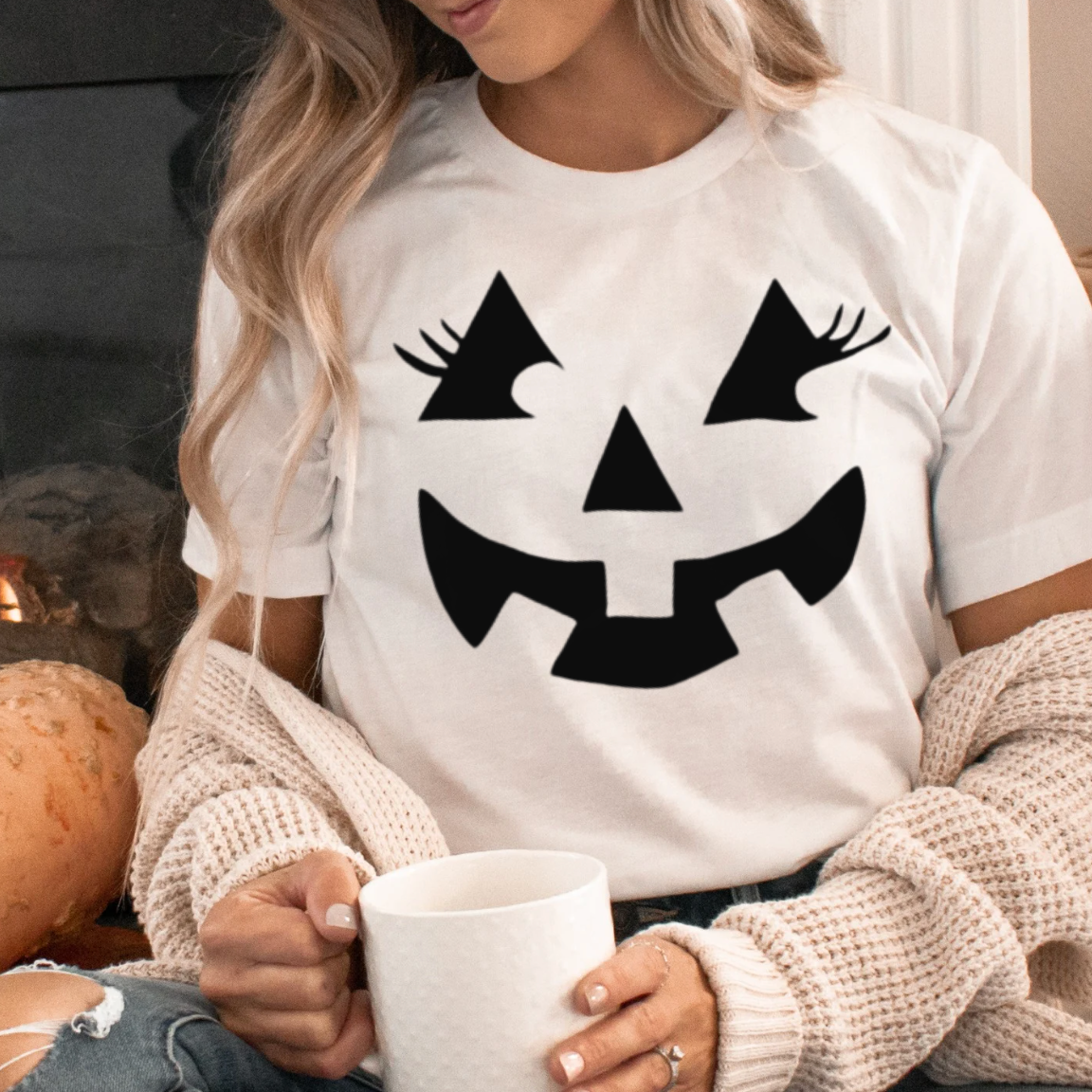 Pumpkin Face with Eyelashes Bella Canvas Tee Hoodie, Sweatshirt | PodTeesHub.com