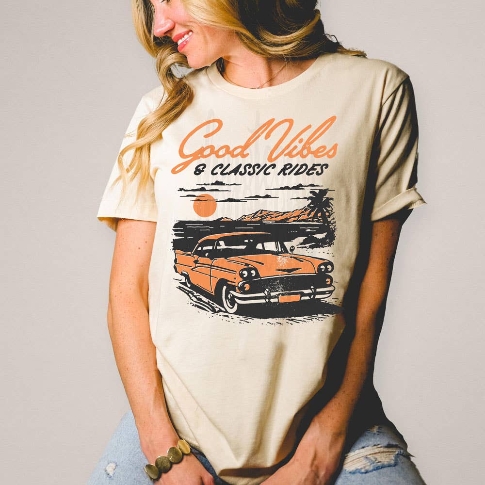 Good Vibes and Classic Rides Soft Cream Tee Hoodie, Sweatshirt | PodTeesHub.com