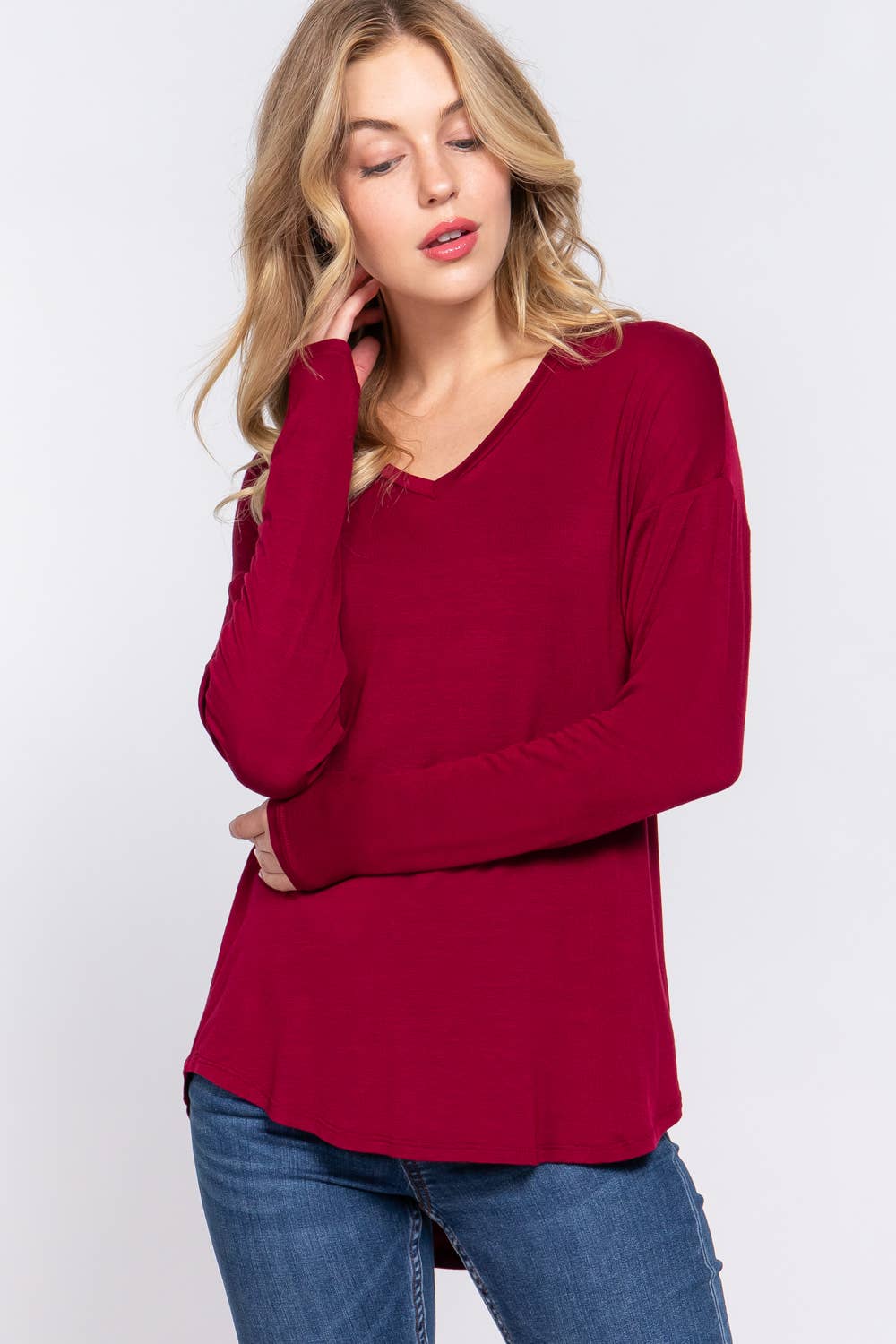 .SC156418 Ldolman Slv V-Neck Rayon Jersey Top T-Shirts, Hoodie, Sweatshirt | PodTeesHub.com