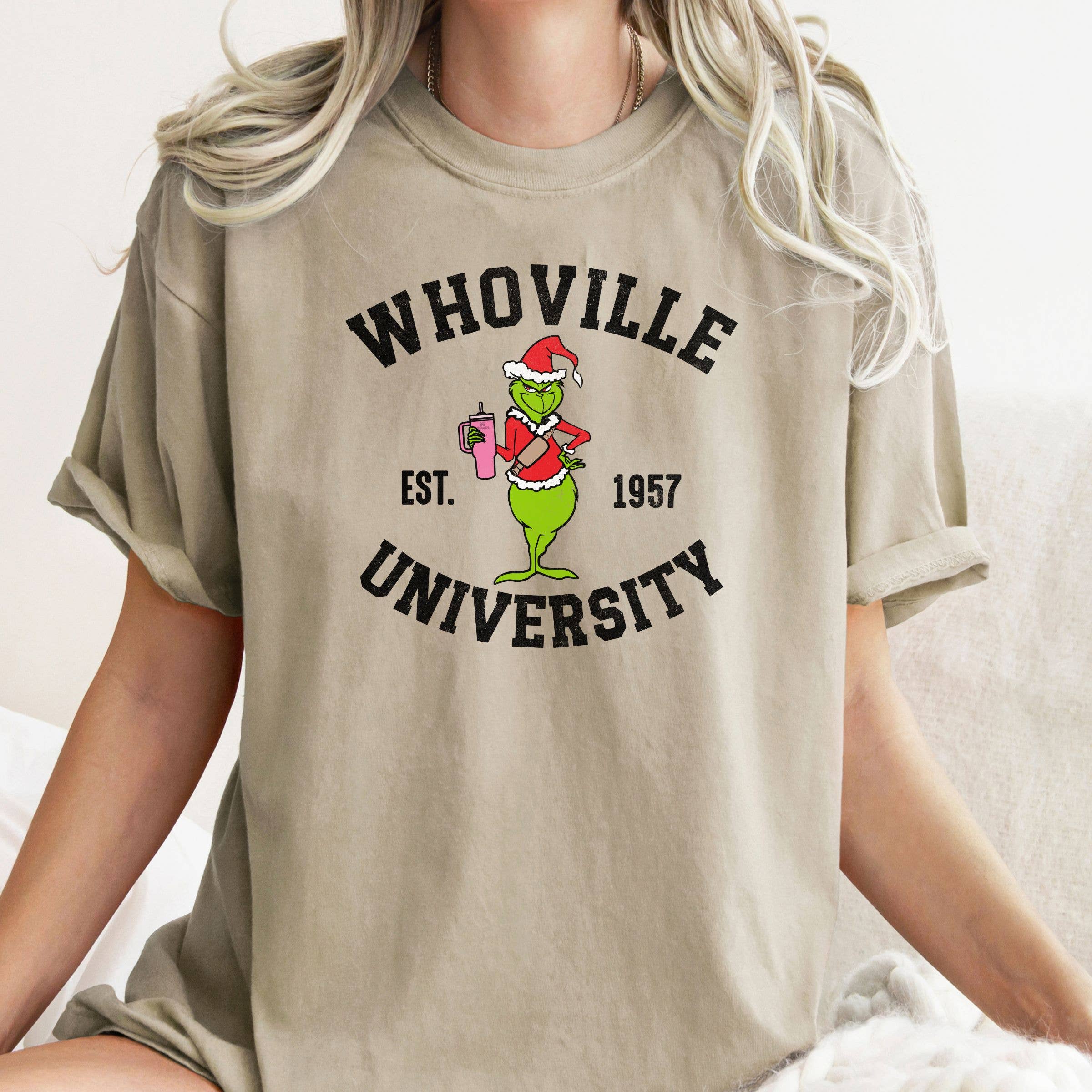 Whoville University Christmas Tee - Graphic Tee - Grinch Hoodie, Sweatshirt | PodTeesHub.com