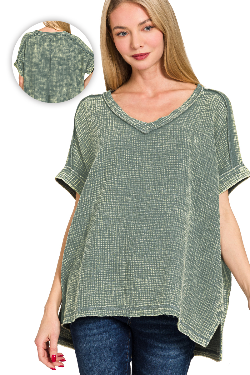 0827 Acid Washed Double Gauze V Neck Cuffed Tee SI-27650 Hoodie, Sweatshirt | PodTeesHub.com