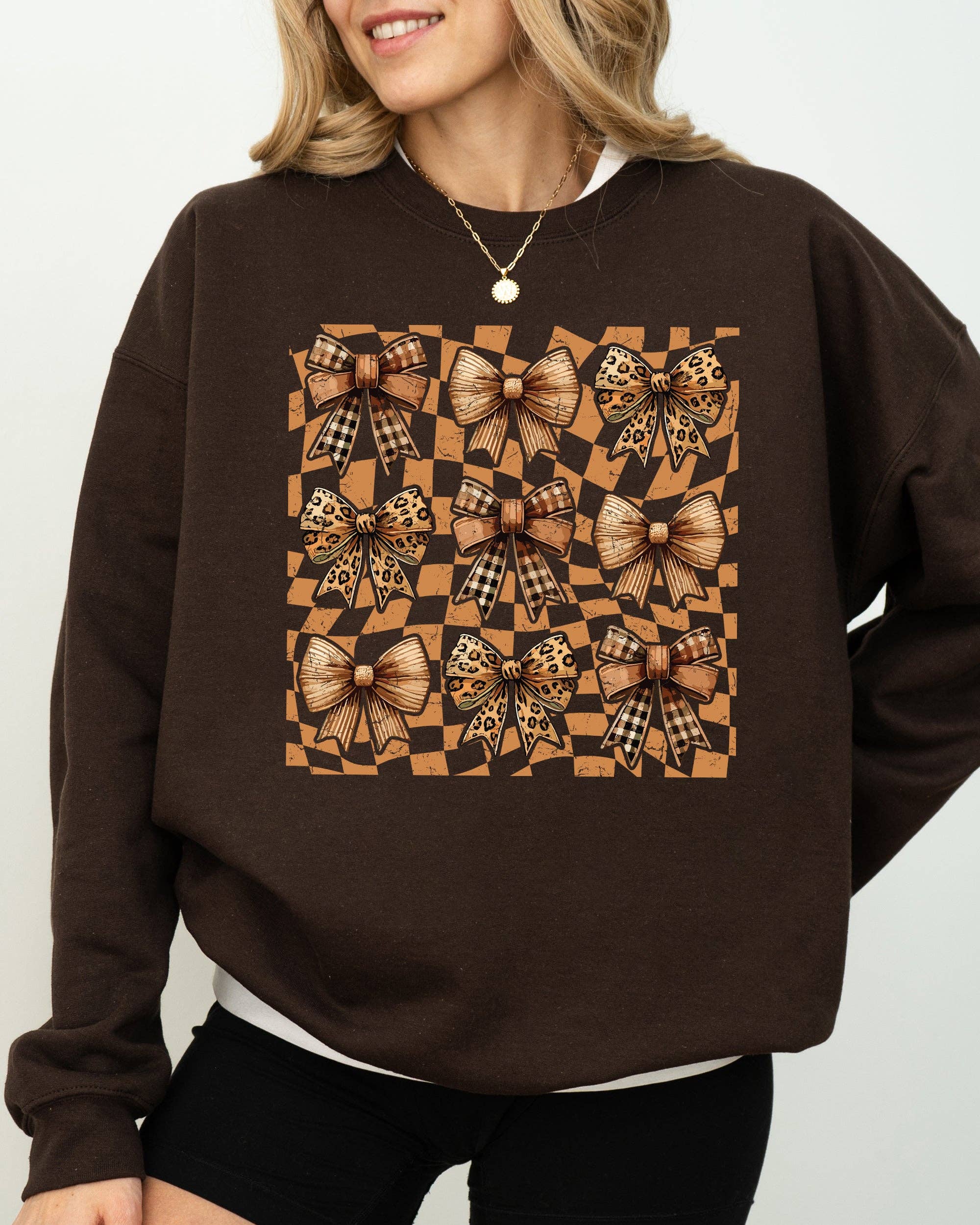 Checkered Autumn Coquette Bows and Ribbons Fall Sweatshirt T-Shirts, Hoodie | PodTeesHub.com