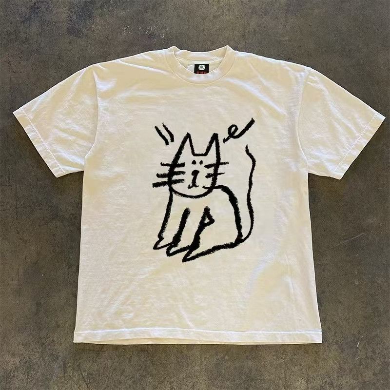 Vintage Cute Cat Print White Casual Retro T Shirt Hoodie, Sweatshirt | PodTeesHub.com
