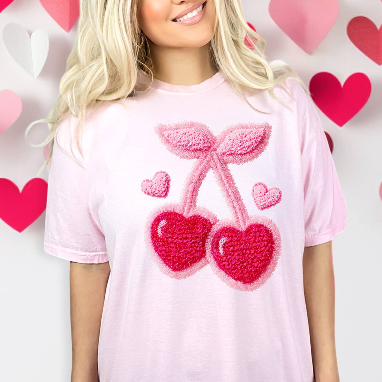 Faux Chenille Valentine Heart Cherries Tee Hoodie, Sweatshirt | PodTeesHub.com