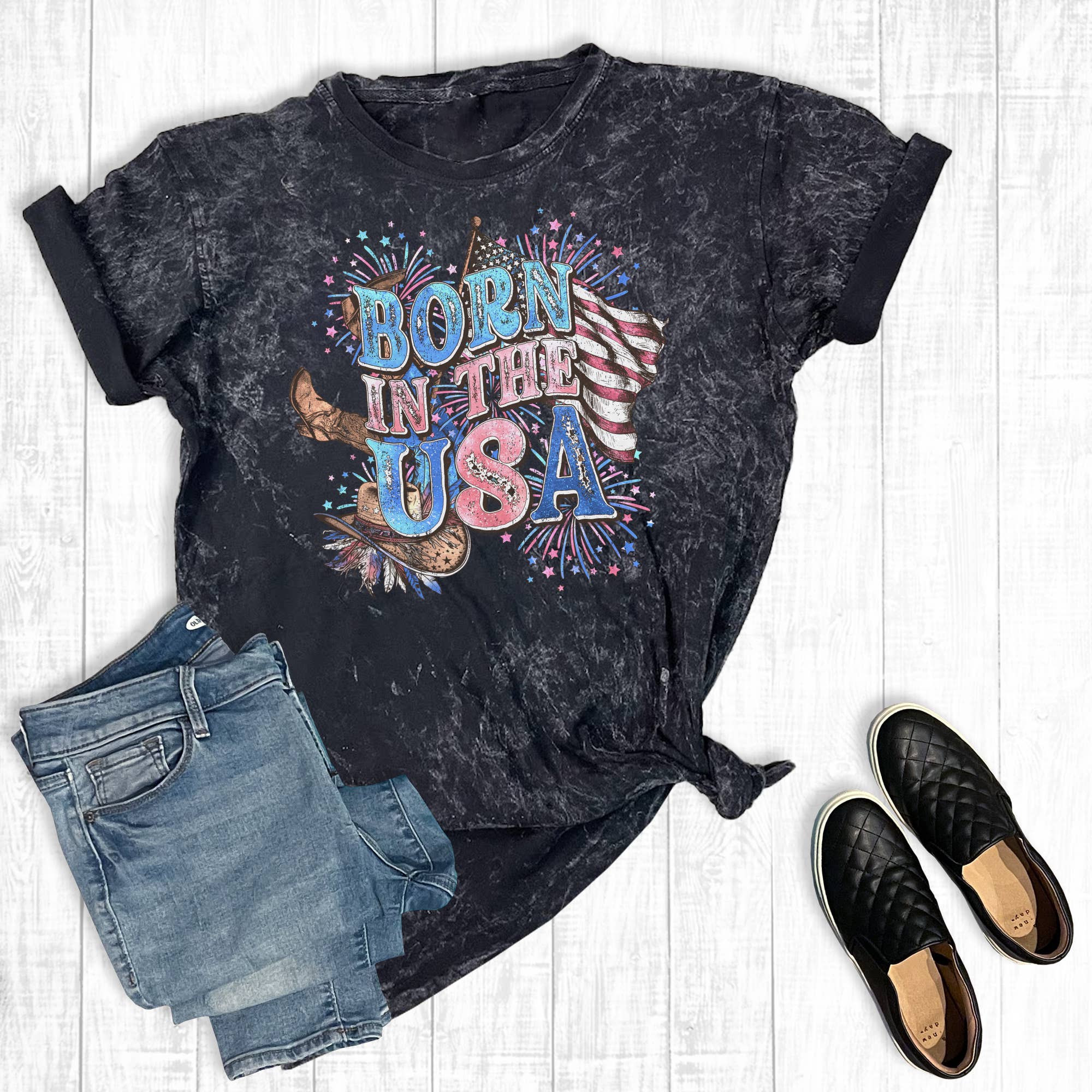 Western Born in the USA Mineral Wash Graphic Tee Hoodie, Sweatshirt | PodTeesHub.com