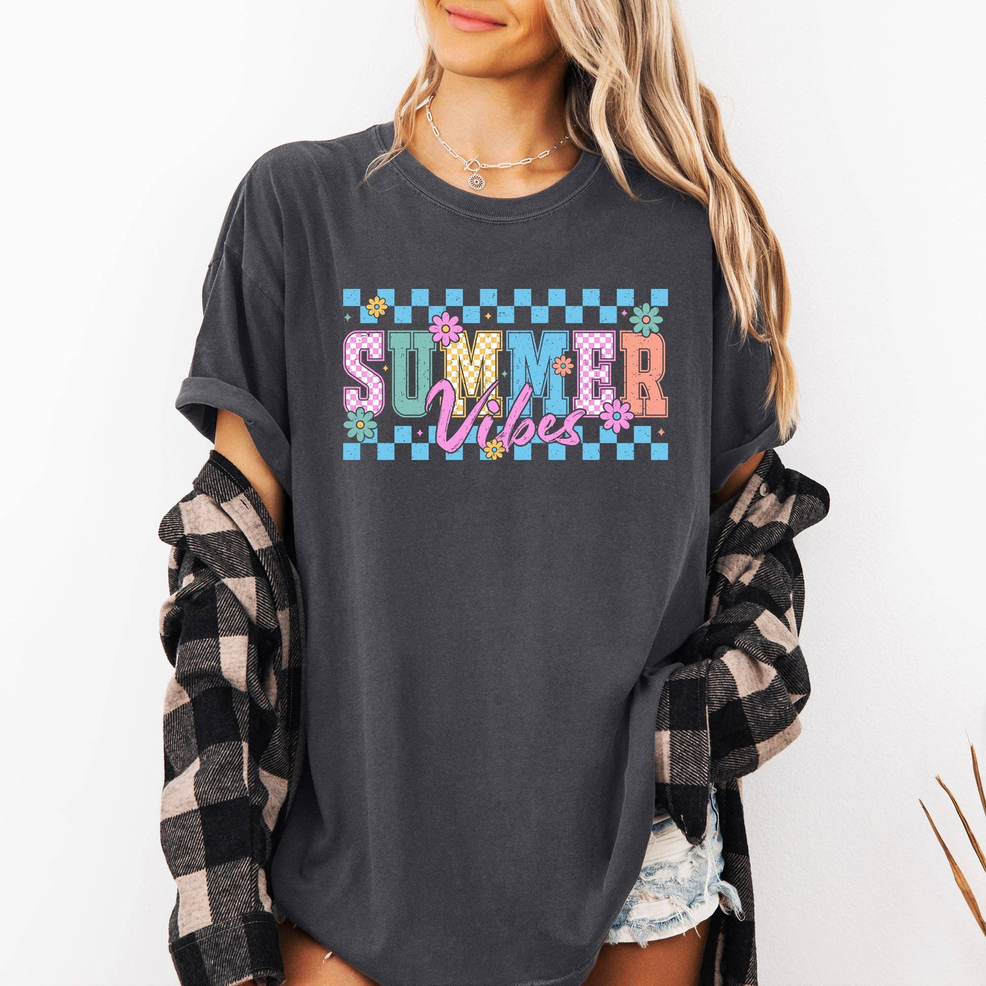 Summer Vibes, Checkered, Retro, Flowers Floral T-Shirt Hoodie, Sweatshirt | PodTeesHub.com