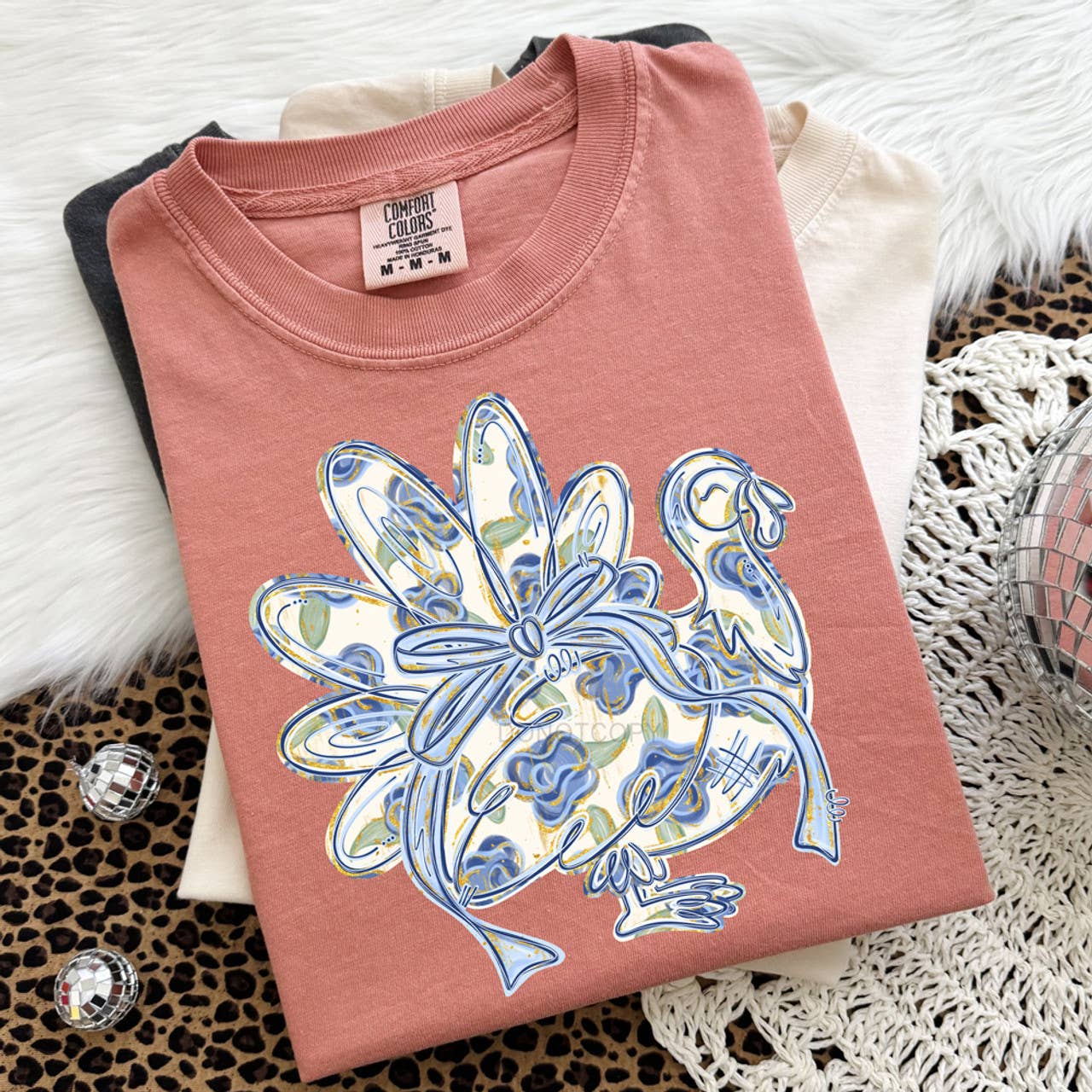 Blue Floral Turkey with Bow Tee Hoodie, Sweatshirt | PodTeesHub.com