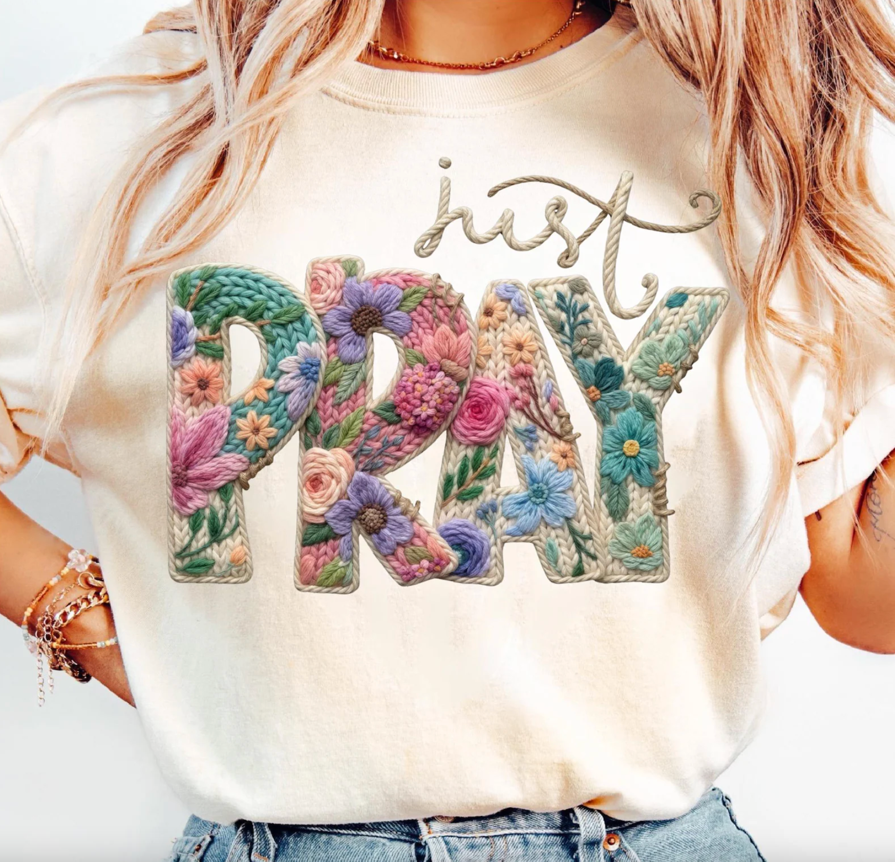 Just Pray Faux Yarn Crochet Comfort Color Tee Hoodie, Sweatshirt | PodTeesHub.com