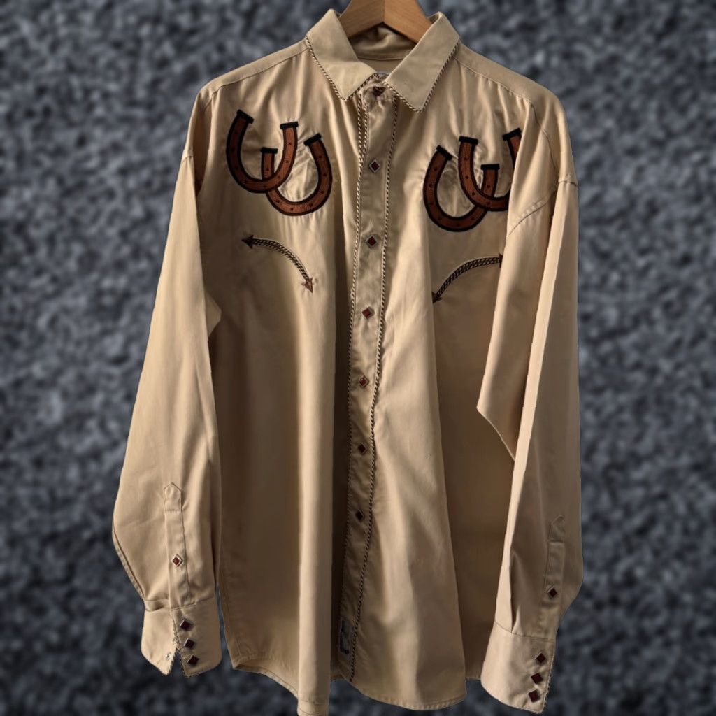 Vintage Panhandle Slim Retro Western Snap Shirt Brown Hand Cranked Chainstitching L Tan Long Sleeve Hoodie, Sweatshirt