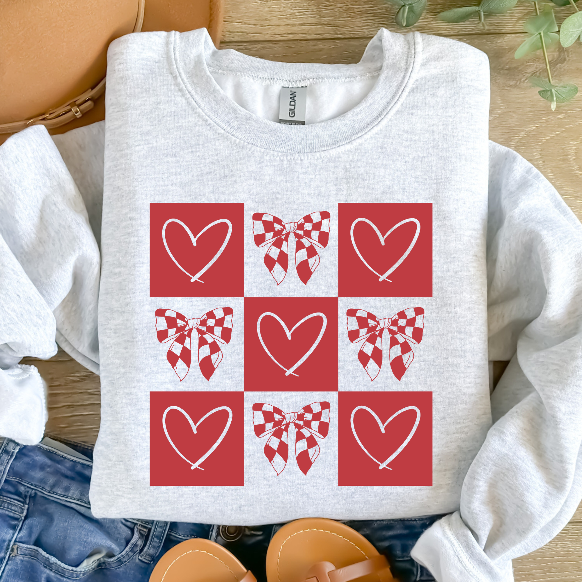 Checkered Bow Valentine Graphic Tee/Crewneck Hoodie, Sweatshirt | PodTeesHub.com