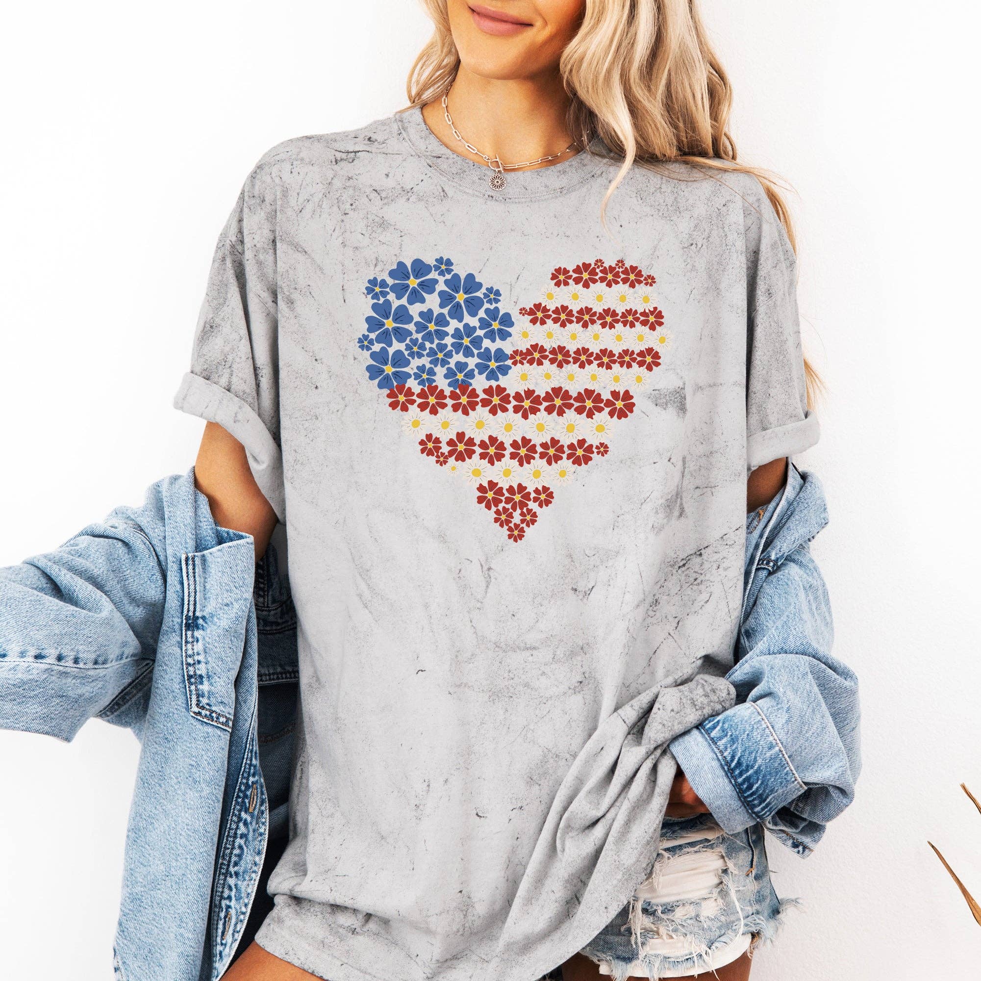 Floral Heart Red White Blue 4th of July, Color Blast Tshirt Hoodie, Sweatshirt | PodTeesHub.com