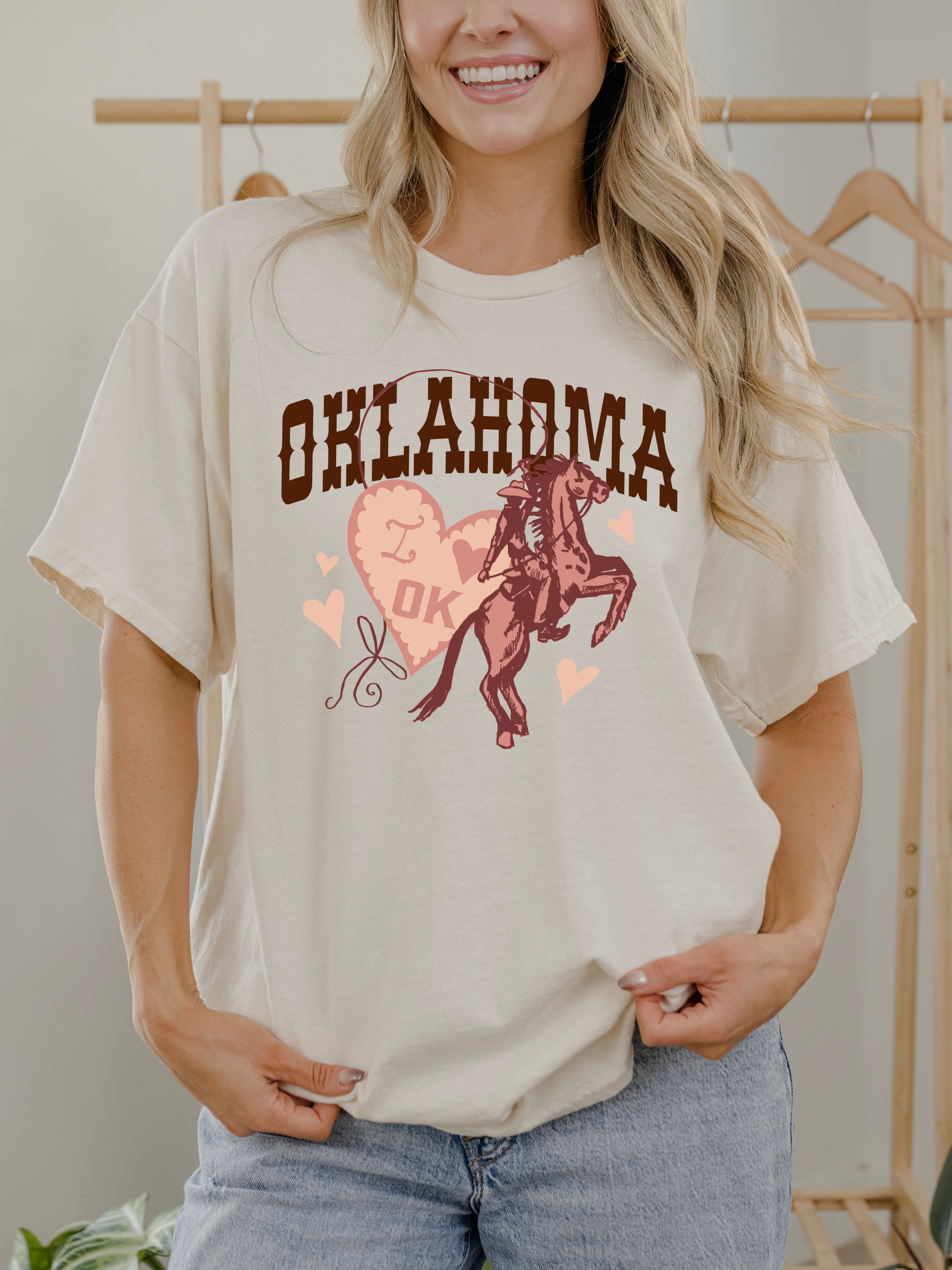Oklahoma Hearts and Horses Off White Thrifted Graphic Tee Hoodie, Sweatshirt | PodTeesHub.com