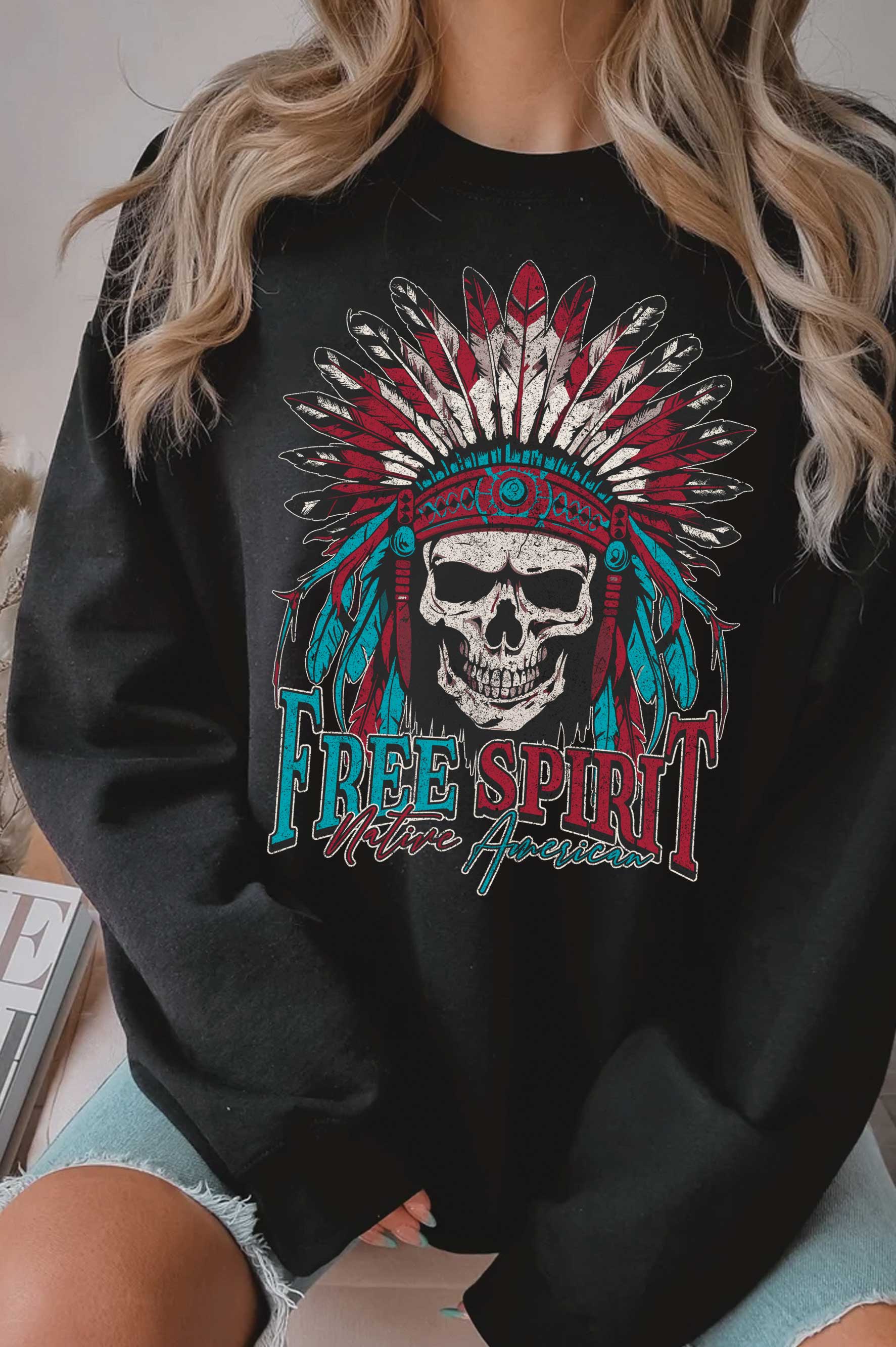 Free Spirit Native American Skull Graphic Brushed Sweatshirt T-Shirts, Hoodie | PodTeesHub.com