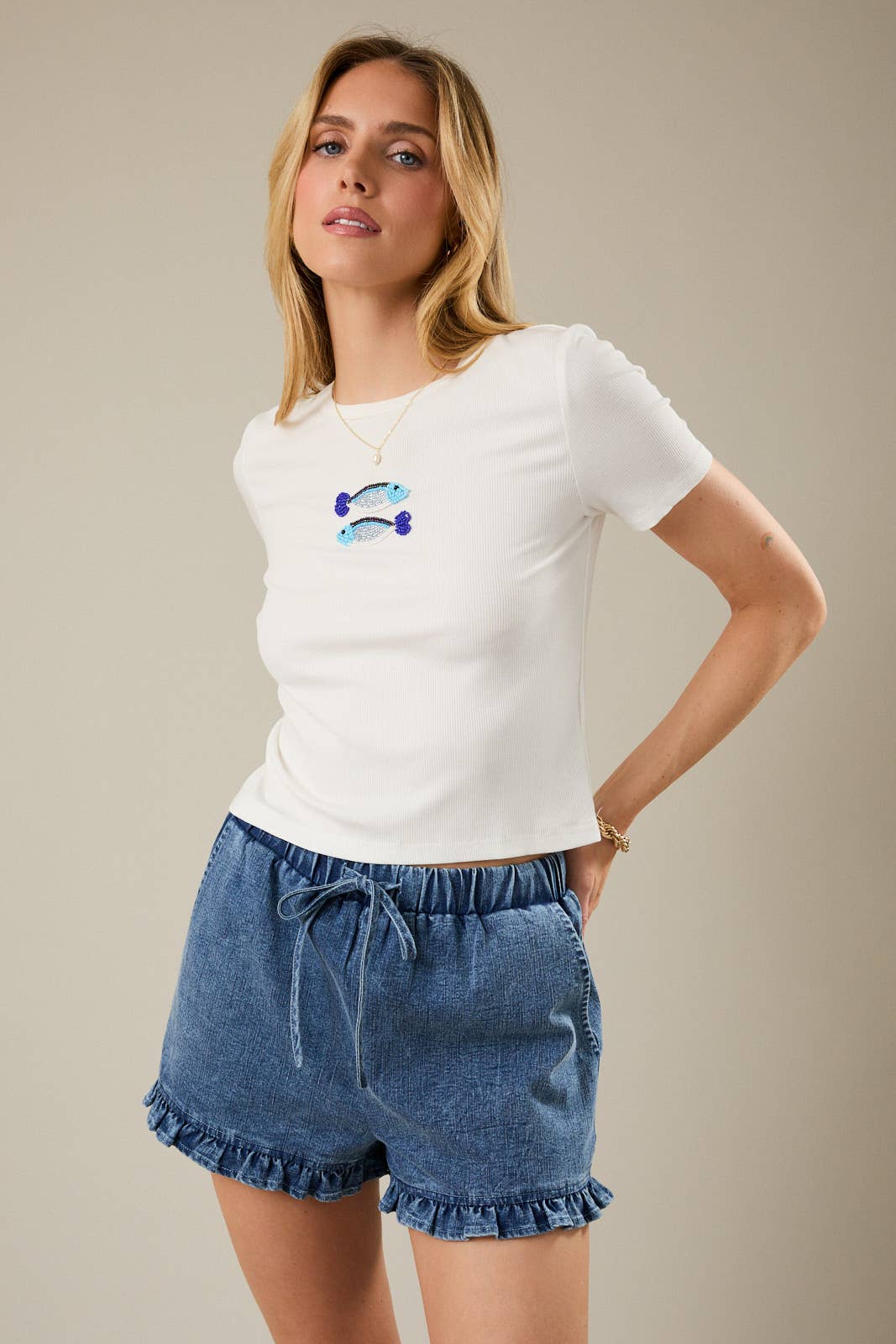 Crew Neck Short Sleeve Fish Beads Rib T-Shirt Hoodie, Sweatshirt | PodTeesHub.com