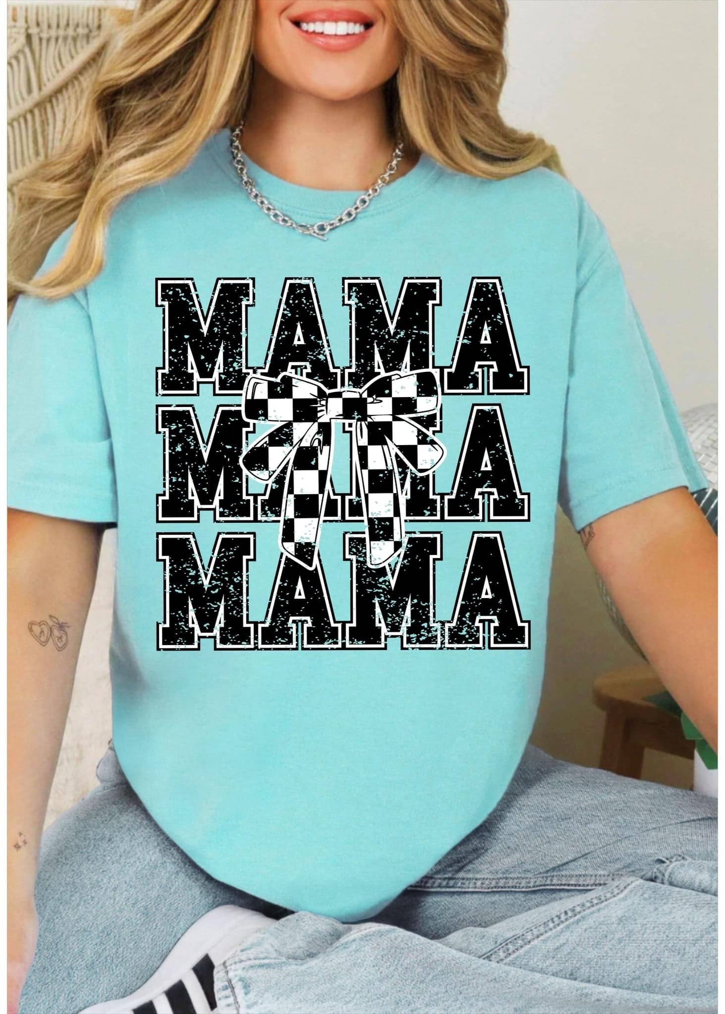 Mama Stacked Checkered Bow Dtf Tee Hoodie, Sweatshirt | PodTeesHub.com