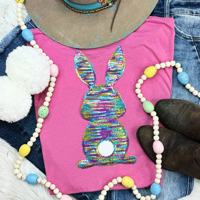 Adult Rainbow Sequin Bunny Patch Pigment Dyed Tee Hoodie, Sweatshirt | PodTeesHub.com