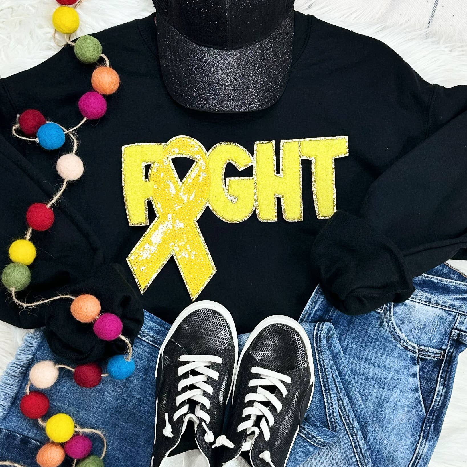 Yellow Fight Ribbon Black Crewneck Sweatshirt T-Shirts, Hoodie | PodTeesHub.com