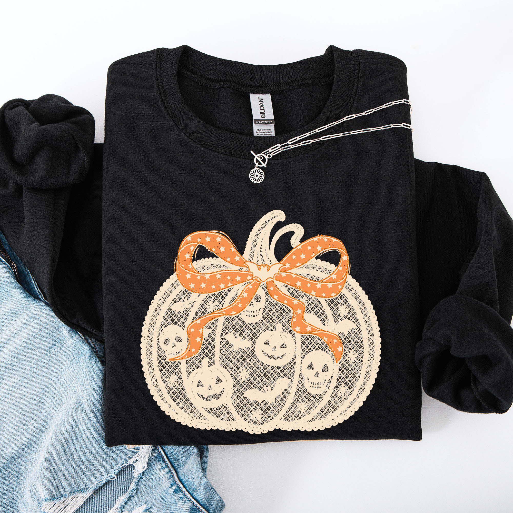 Halloween Pumpkin, Faux Lace Coquette Ribbon Bows Sweatshirt T-Shirts, Hoodie | PodTeesHub.com