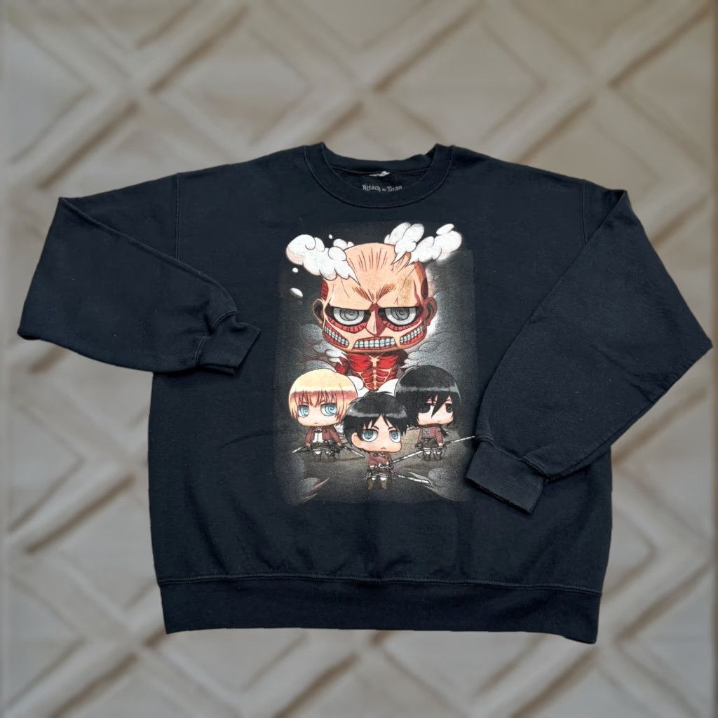 Vintage Attack On Titan Graphic Pullover Sweatshirt Mens Large Black Eren Mikasa Anime Shirt Hoodie | PodTeesHub.com