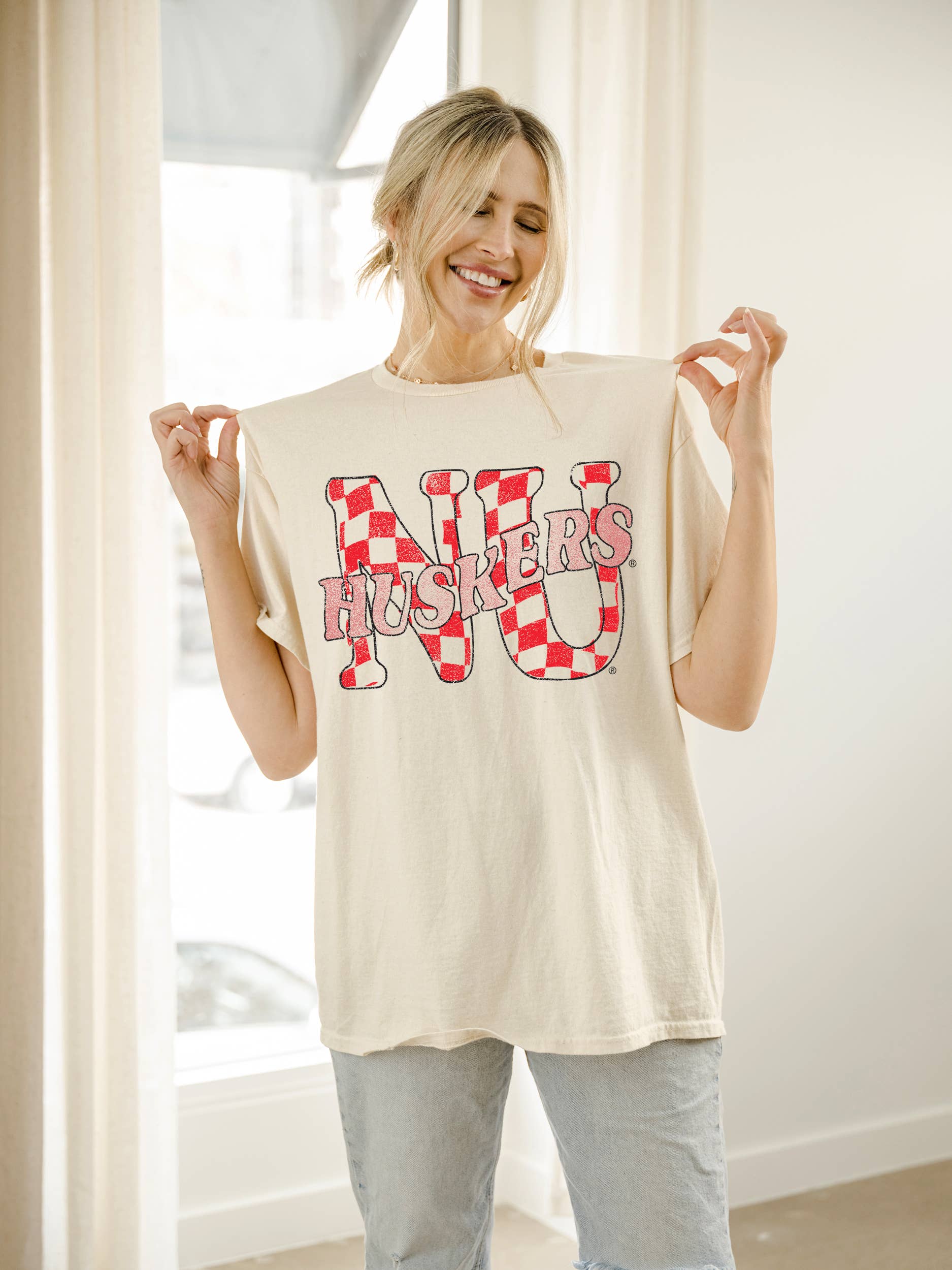 Nebraska Huskers Twisted Check Off Whitethrifted Tee Hoodie, Sweatshirt | PodTeesHub.com