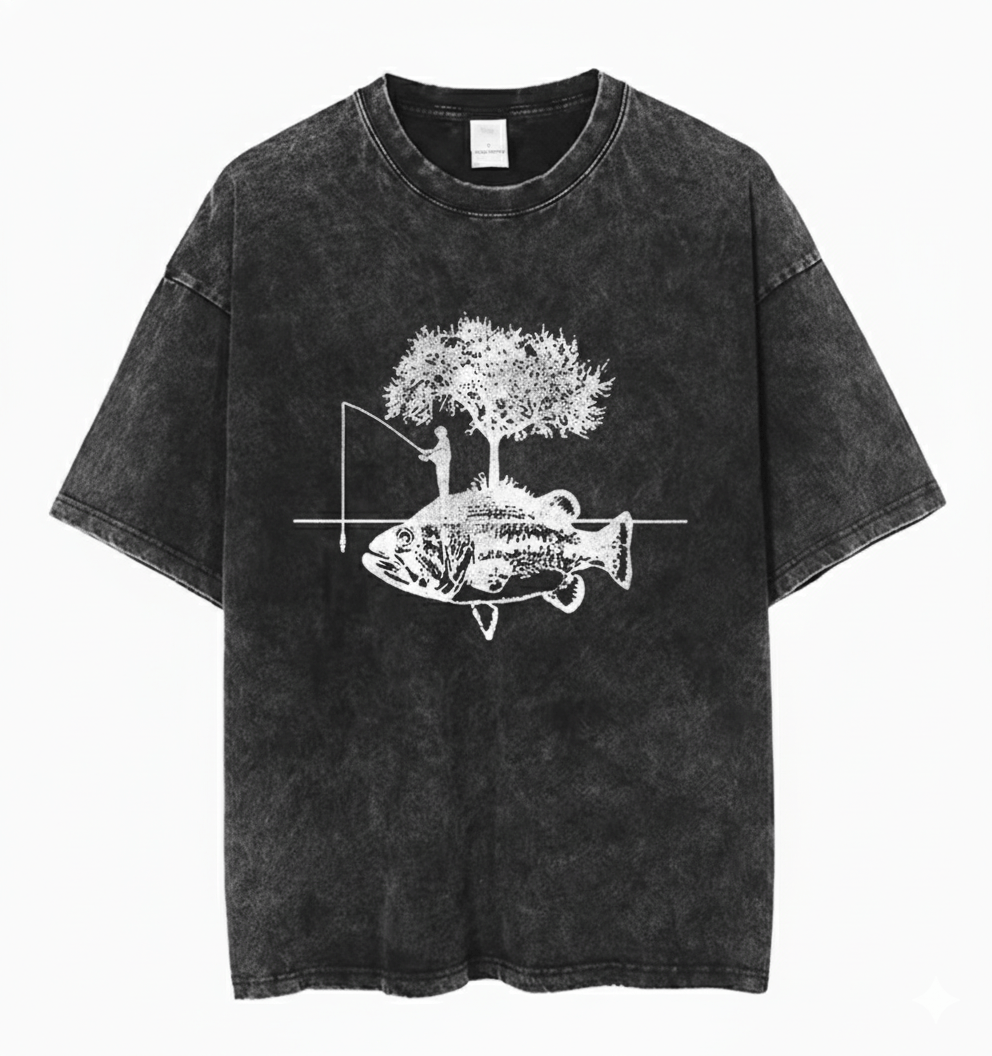Japanese Brand Y2k Streetwear Retro Fish Tree Anime Washed T Shirt Hoodie, Sweatshirt | PodTeesHub.com