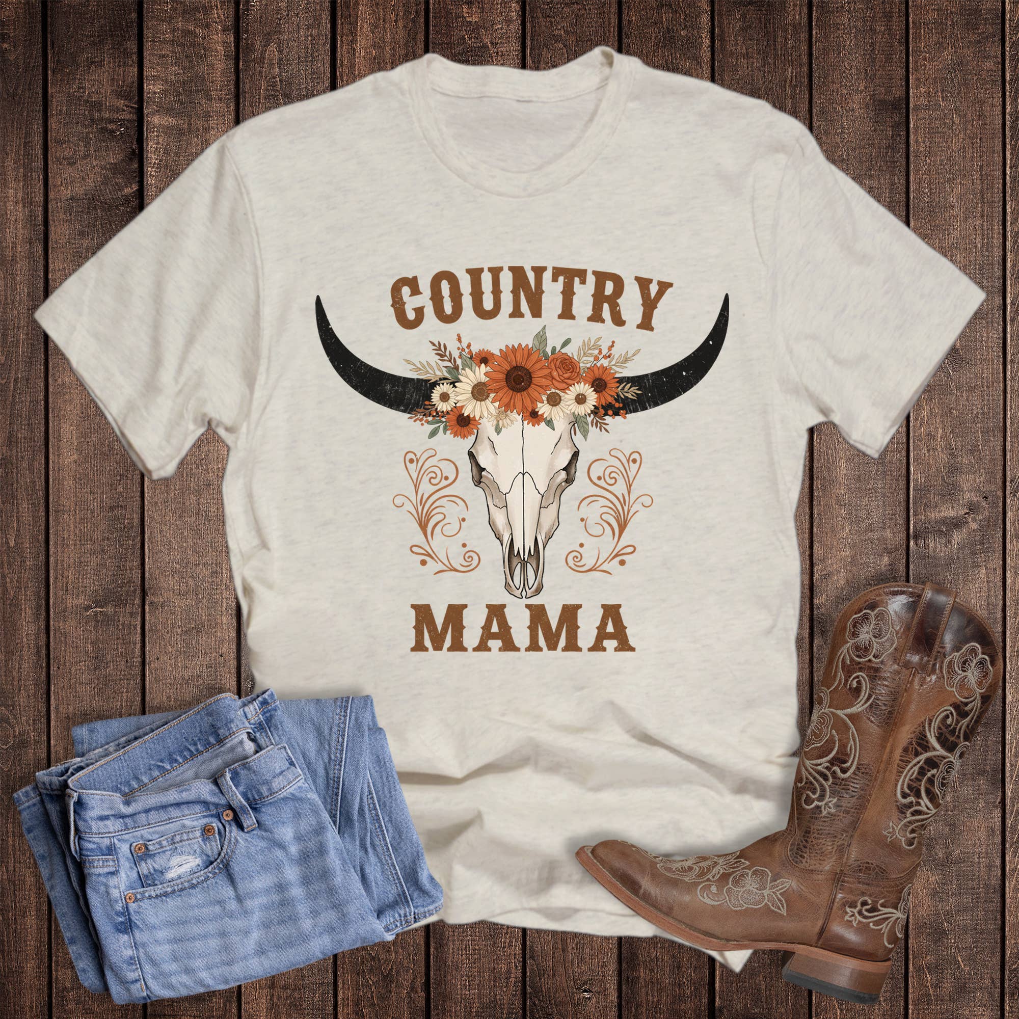 Western Cow Skull Country Mama Graphic Tee Hoodie, Sweatshirt | PodTeesHub.com