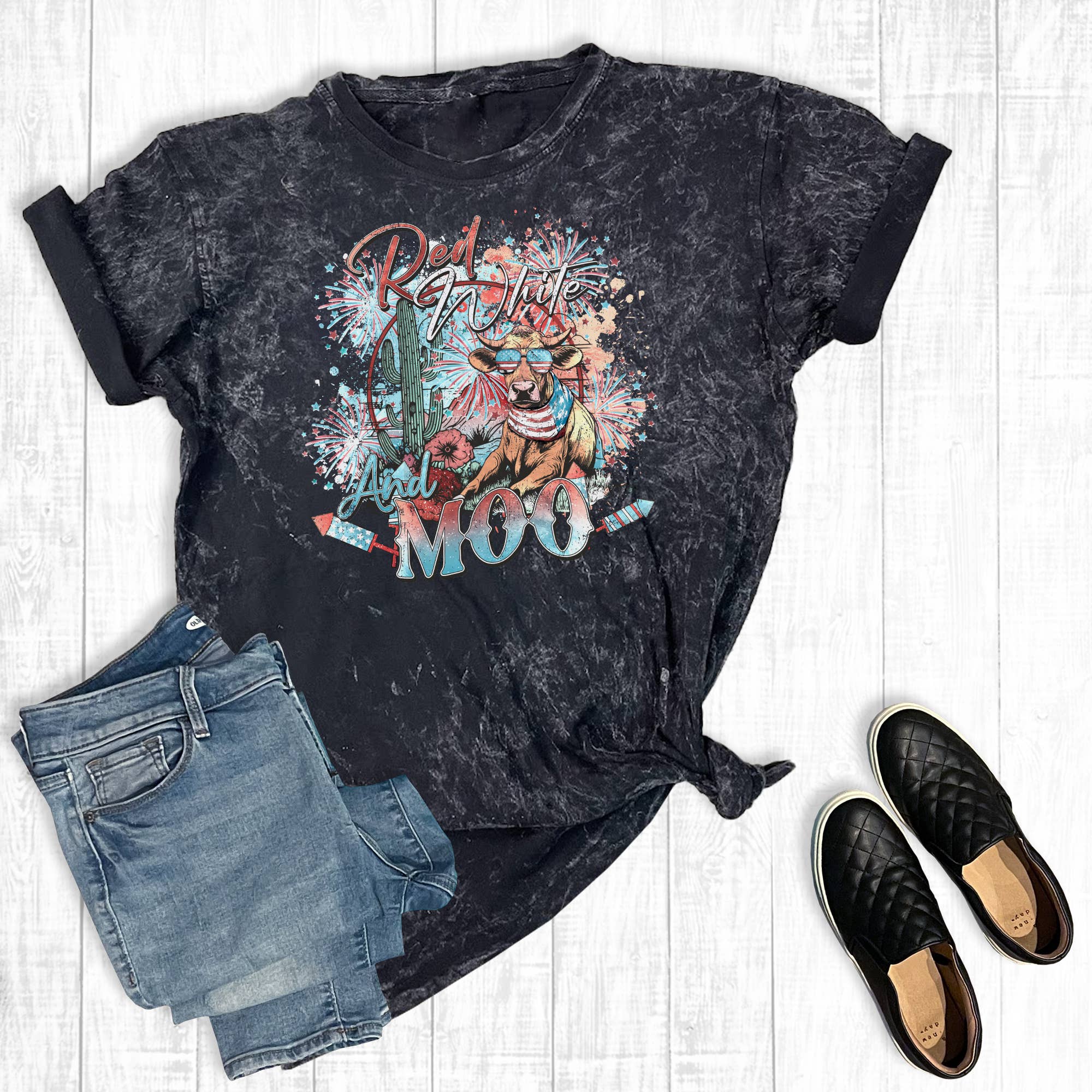 4th of July Red White and Moo Mineral Wash Graphic Tee Hoodie, Sweatshirt | PodTeesHub.com