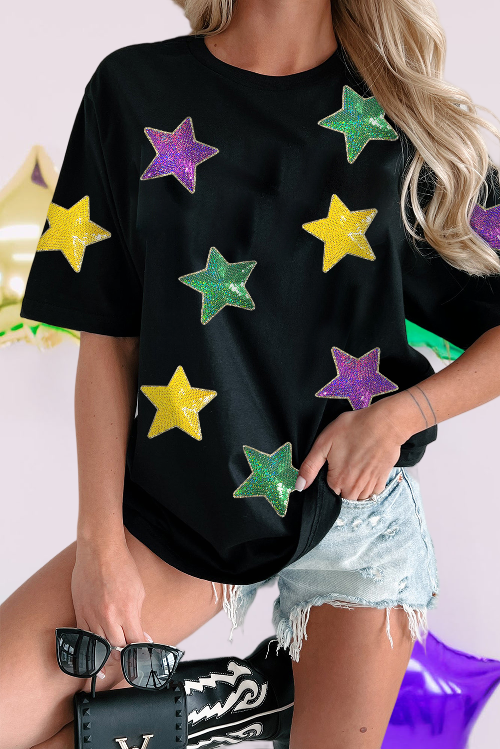 Colorful Sequin Stars Patched Relaxed T Shirt (S-3XL) Hoodie, Sweatshirt | PodTeesHub.com