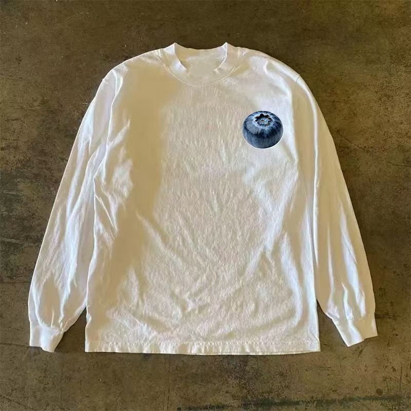 Japanese Brand White Washed Vintage Blueberry Print Long Sleeved T Shirt Hoodie, Sweatshirt | PodTeesHub.com