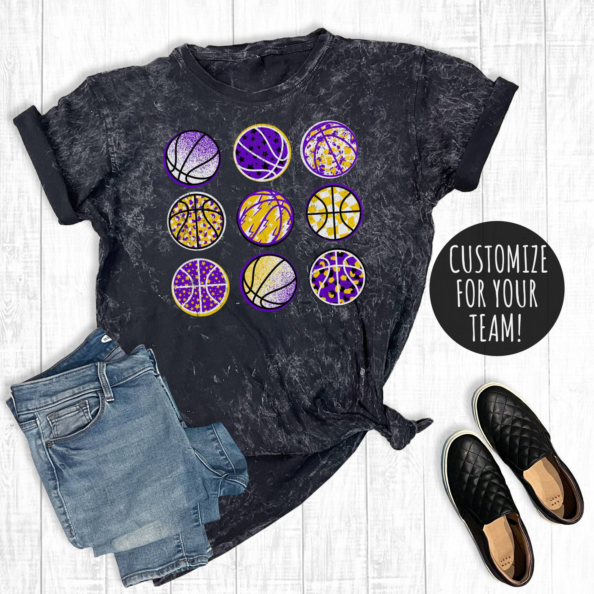 Custom Team Color Basketballs Mineral Wash Graphic Tee Hoodie, Sweatshirt | PodTeesHub.com
