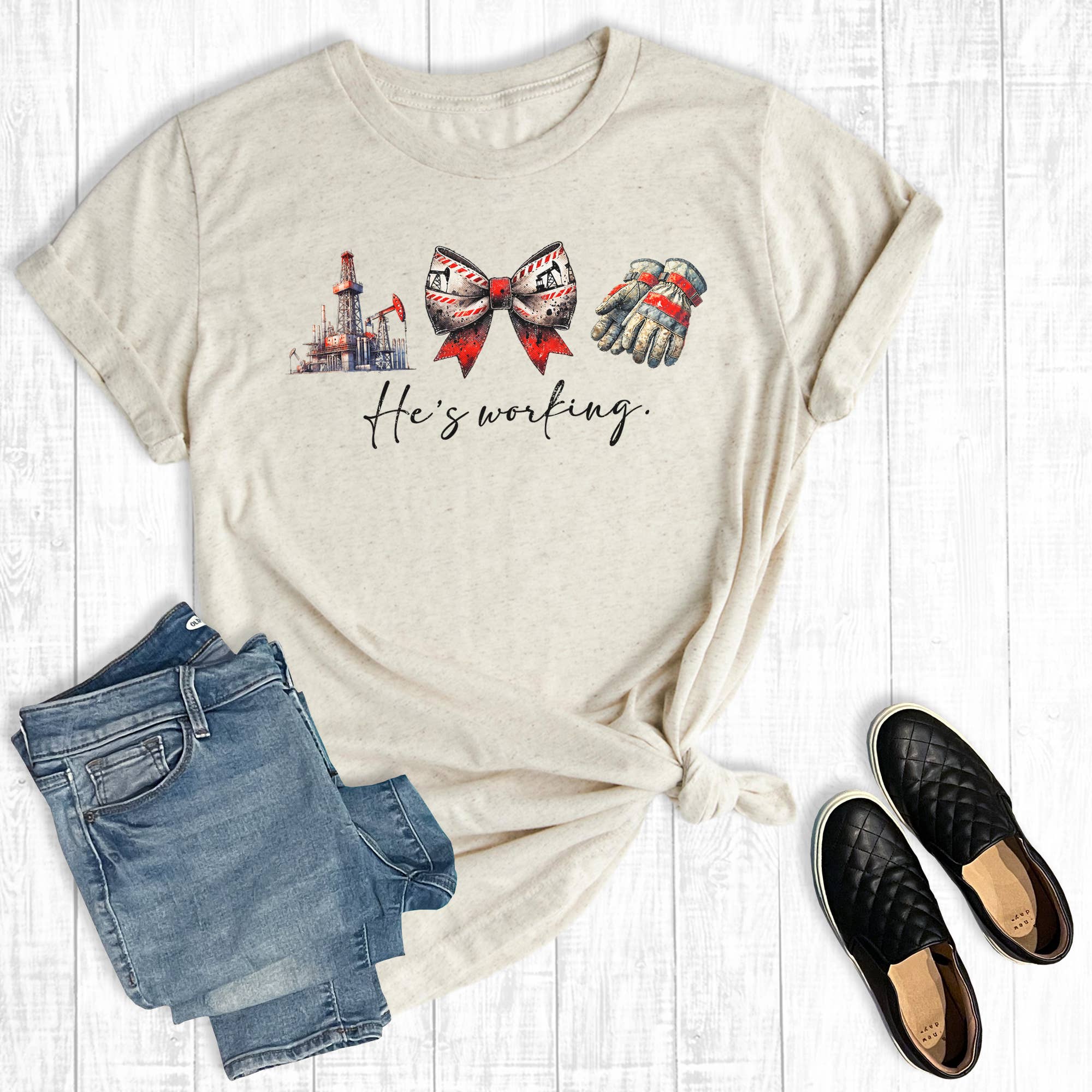 Oilfield Wife He's Working Graphic Tee Hoodie, Sweatshirt | PodTeesHub.com