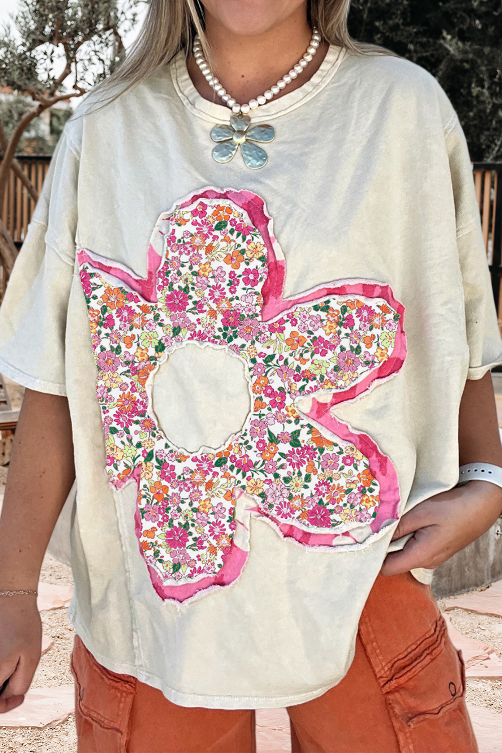 Floral Patched Raw Seam Big Flower Oversize Tee (S-Xl) Hoodie, Sweatshirt | PodTeesHub.com