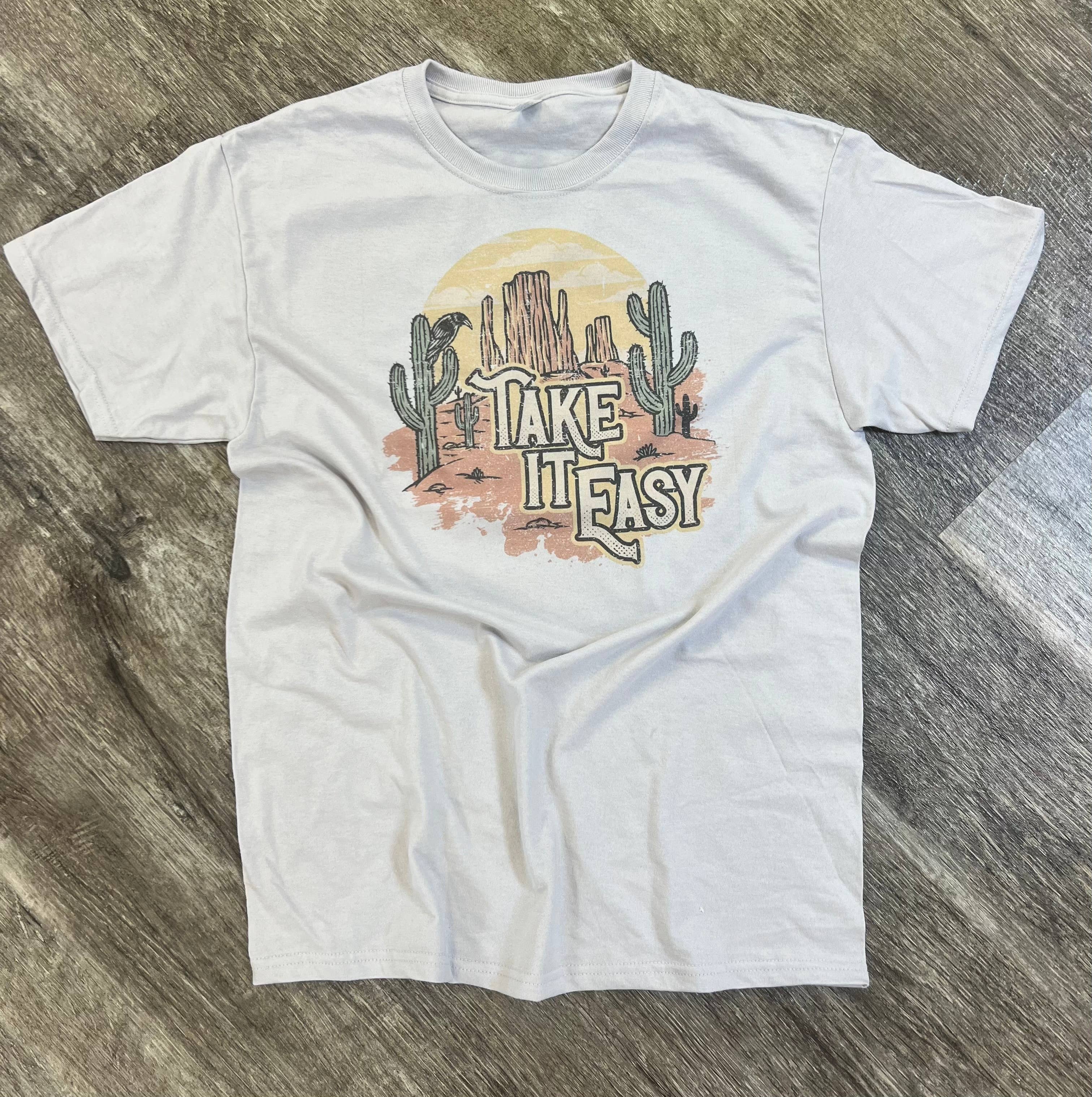 Take It Easy Desert Cactus On Silver Tee Hoodie, Sweatshirt | PodTeesHub.com