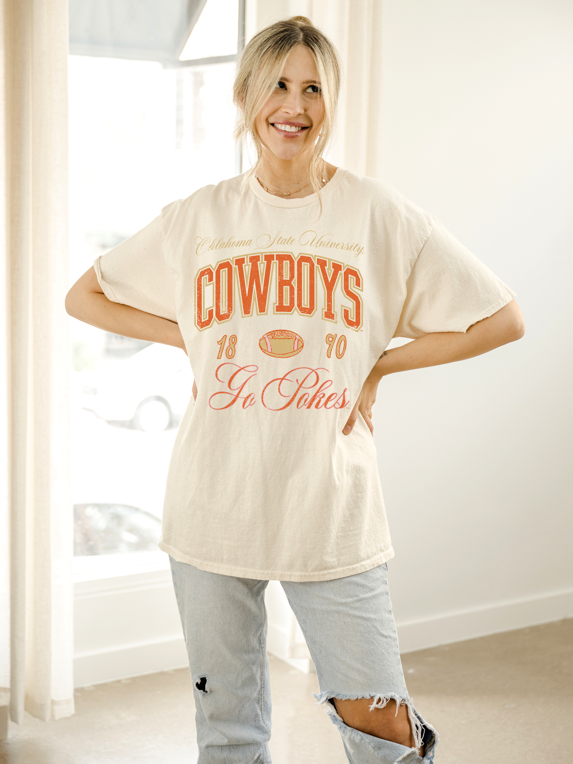 Oklahoma State Osu Cowboys Wave Arch Off White Thrifted Tee Hoodie, Sweatshirt | PodTeesHub.com