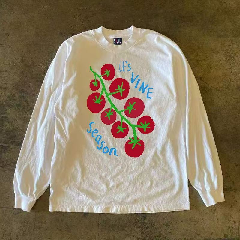 Japanese Brand White Casual Retro Tomato Print Long Sleeved T-Shirts, Hoodie, Sweatshirt