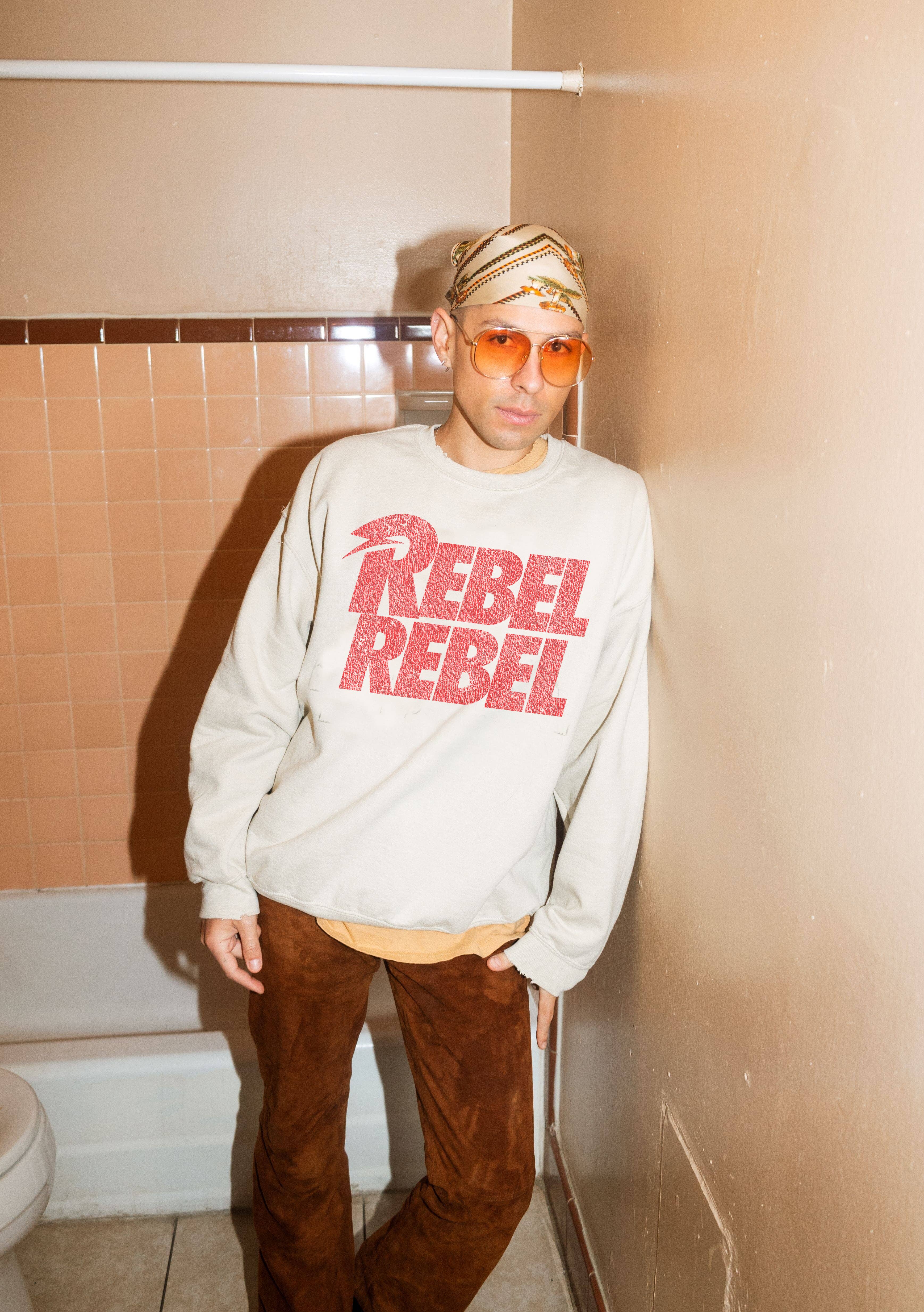 David Bowie Rebel Repeat Sand Thrifted Graphic Sweatshirt T-Shirts, Hoodie | PodTeesHub.com