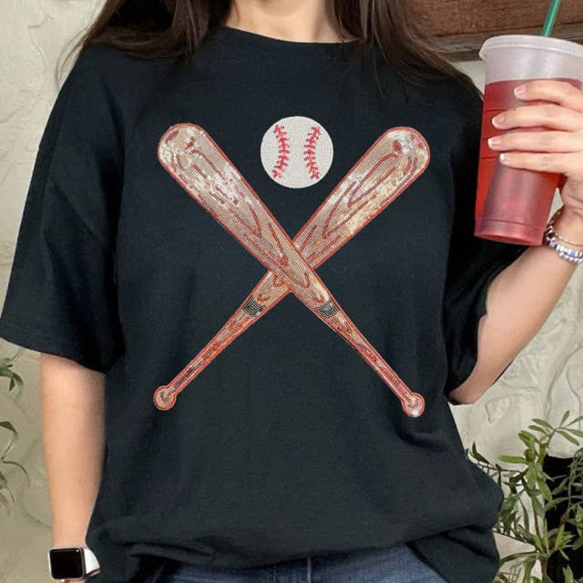 Sequin Bats and Baseball Patch Black Everyday Tee Hoodie, Sweatshirt | PodTeesHub.com