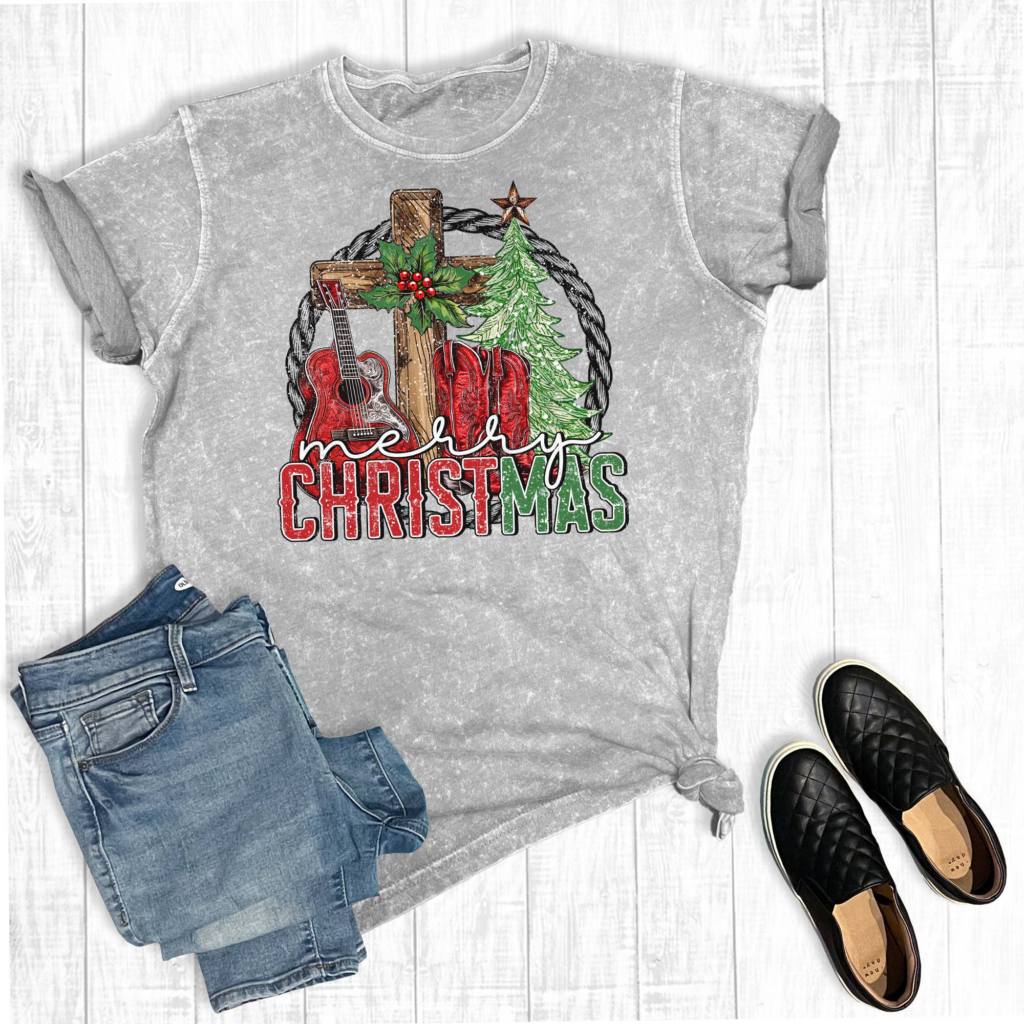 Western Rodeo Merry Christmas Mineral Wash Graphic Tee Hoodie, Sweatshirt | PodTeesHub.com