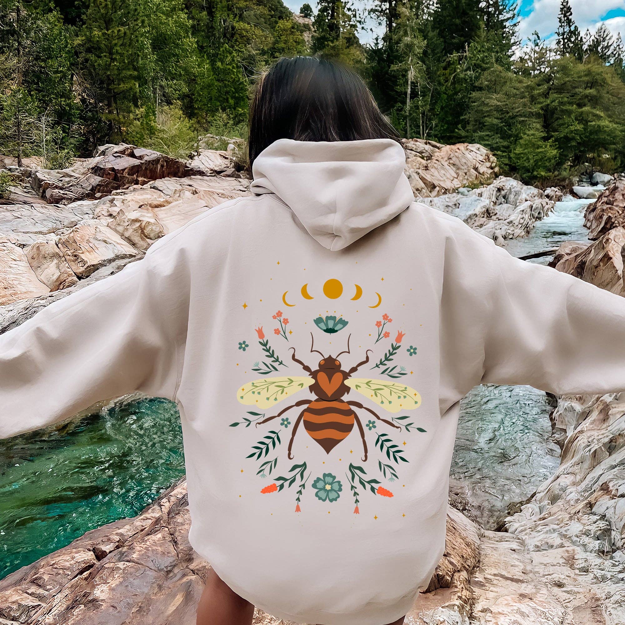 Honey Bee, Forest Moon, Botanical Design Hoodie T-Shirts, Sweatshirt | PodTeesHub.com