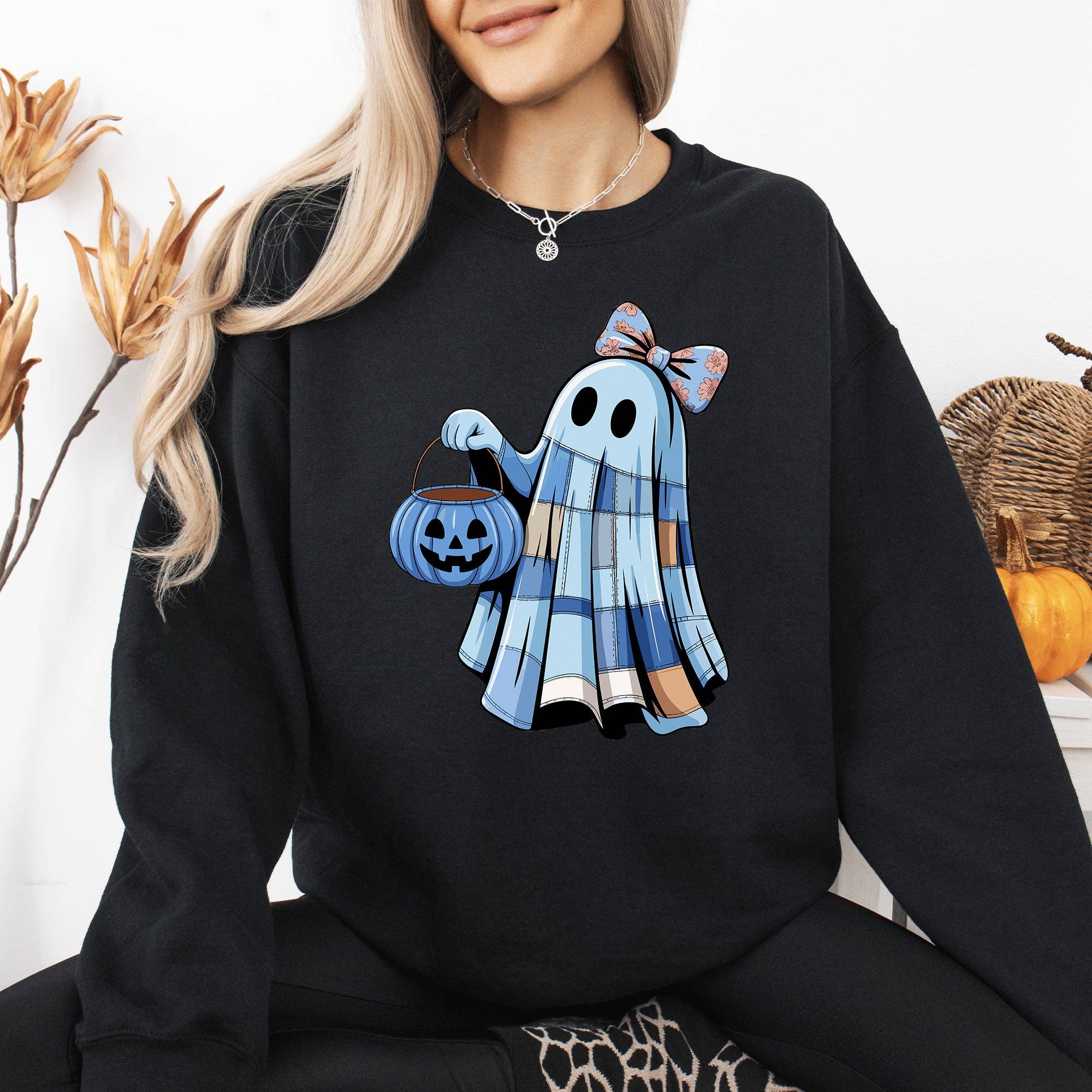 Cute Blue Ghost, Patchwork, Halloween, Spooky, Sweatshirt T-Shirts, Hoodie | PodTeesHub.com