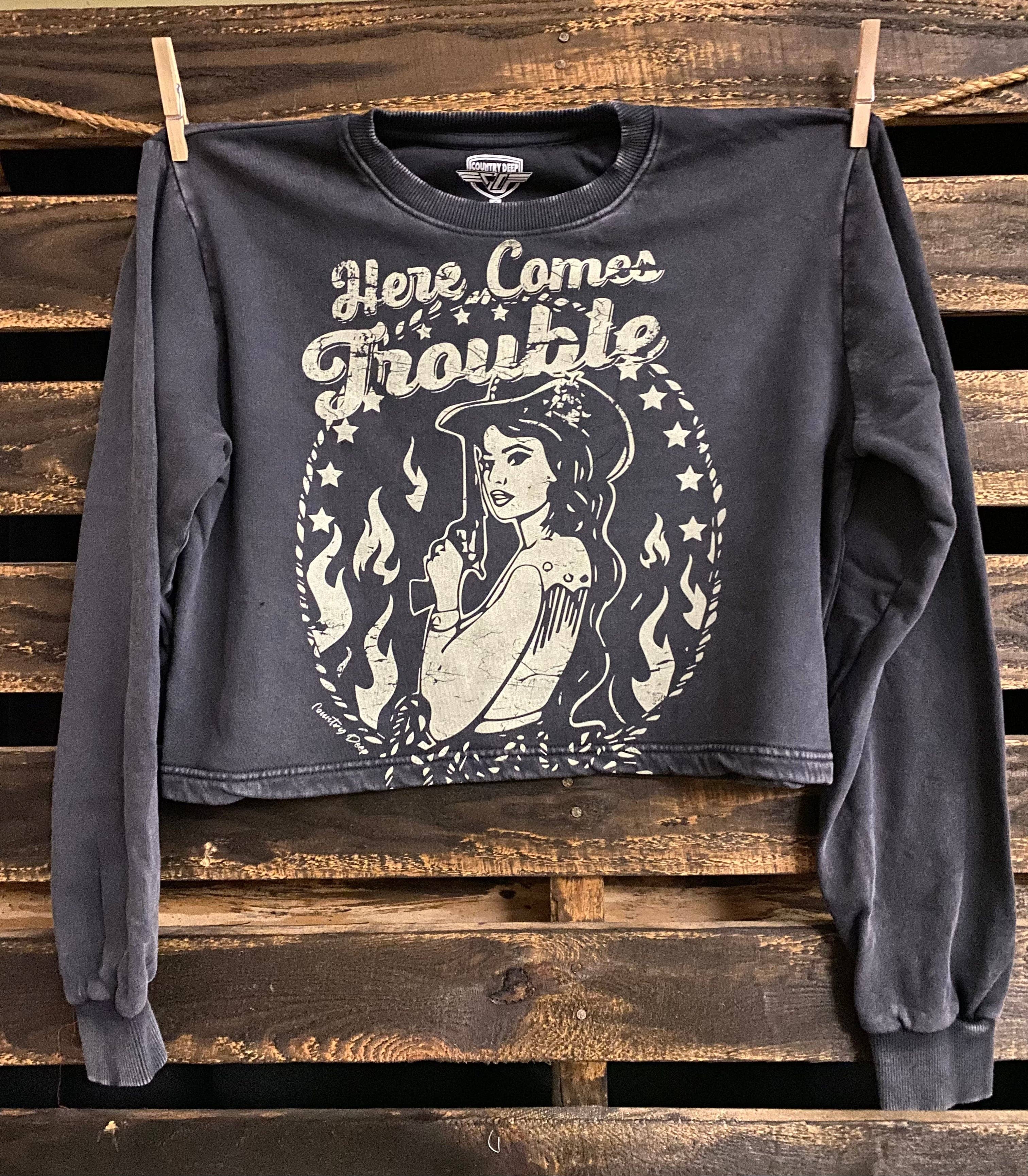 Here Comes Trouble Cropped Crew Sweatshirt T-Shirts, Hoodie | PodTeesHub.com