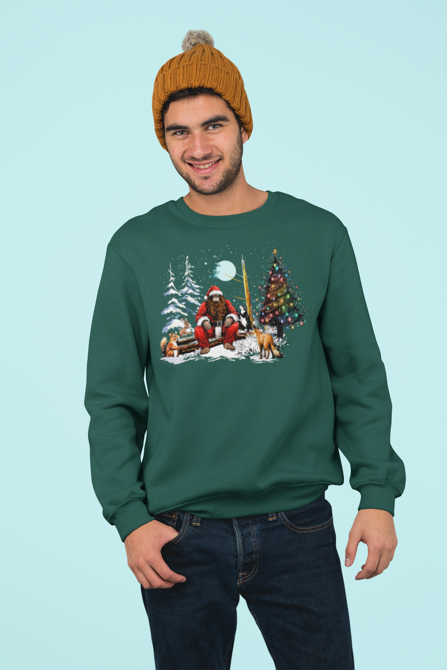 Santa Squatch & Animals Winter Scene Sweatshirt T-Shirts, Hoodie | PodTeesHub.com