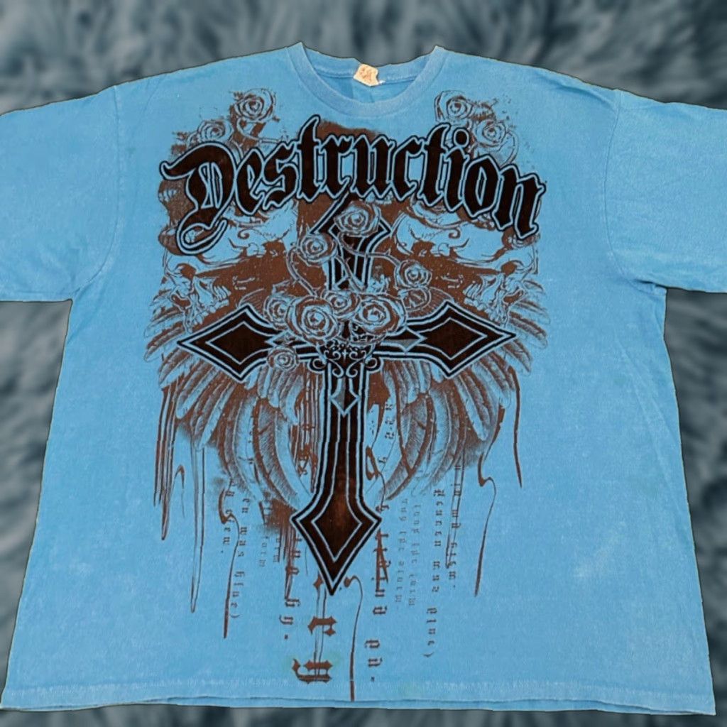 Vintage Destruction Mma Wings Cross Grunge Punk Hip Hop Vtg Shirt Mens 2xl Blue Shirt Mens X Hoodie, Sweatshirt