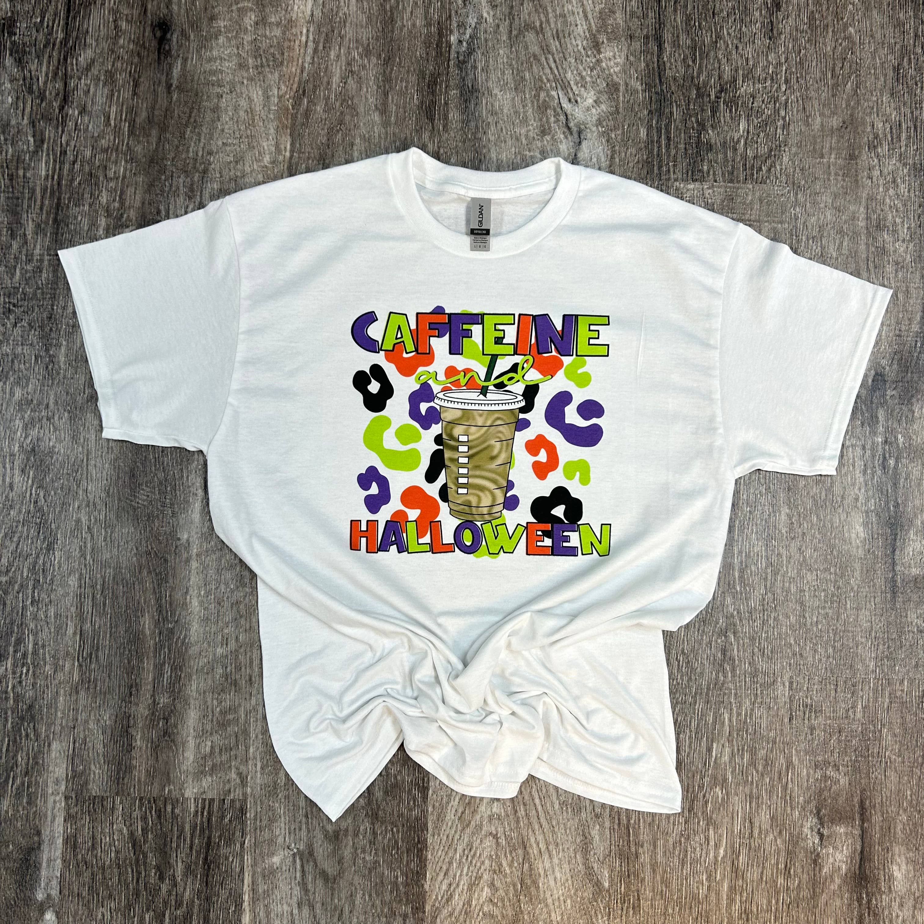 Caffeine and Halloween On White Tee Hoodie, Sweatshirt | PodTeesHub.com