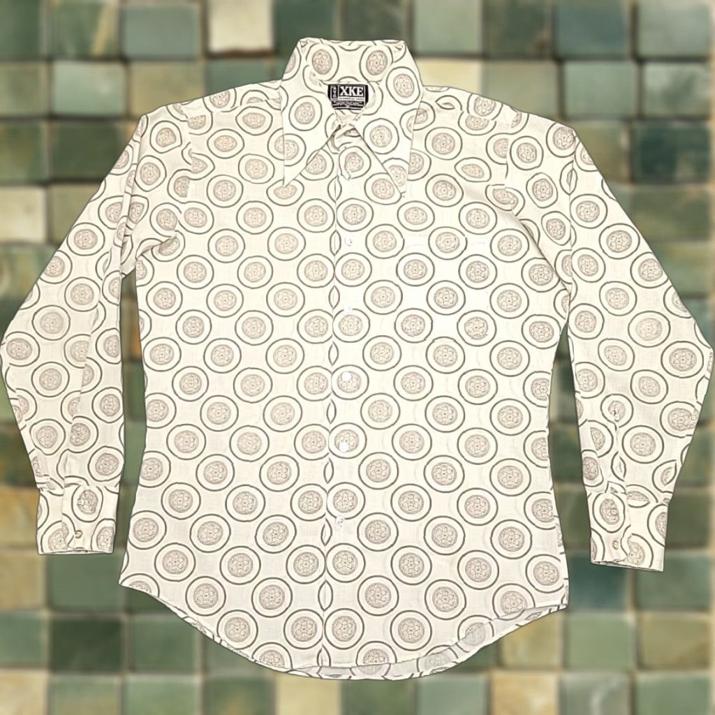 Vintage Xke Shirt Mens M Brown Medallion Print 70s Disco Dagger Collar Retro Mod Shirt Mens Hoodie, Sweatshirt