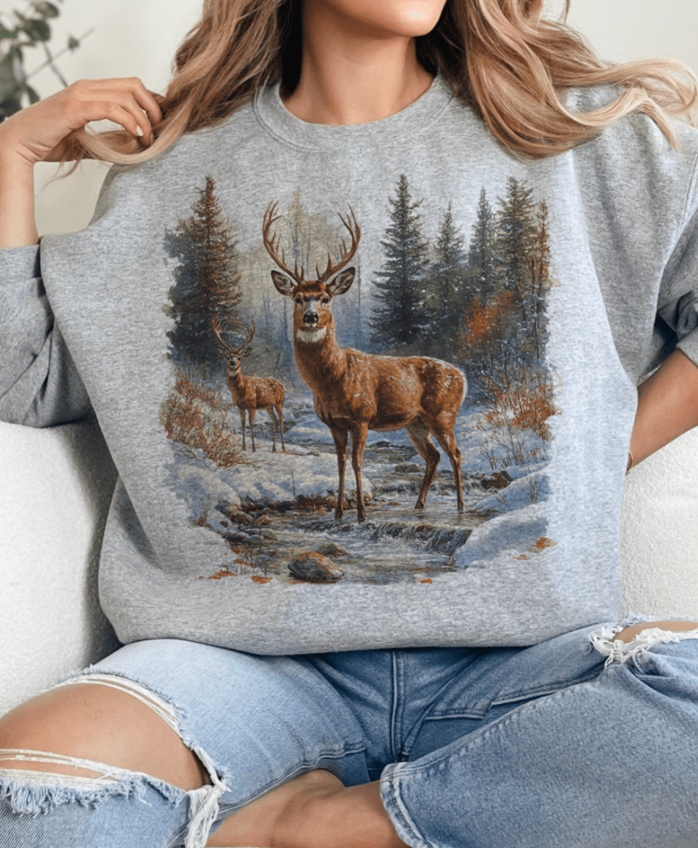 Retro Deer Scene - Heather Gray - Sweatshirt T-Shirts, Hoodie | PodTeesHub.com